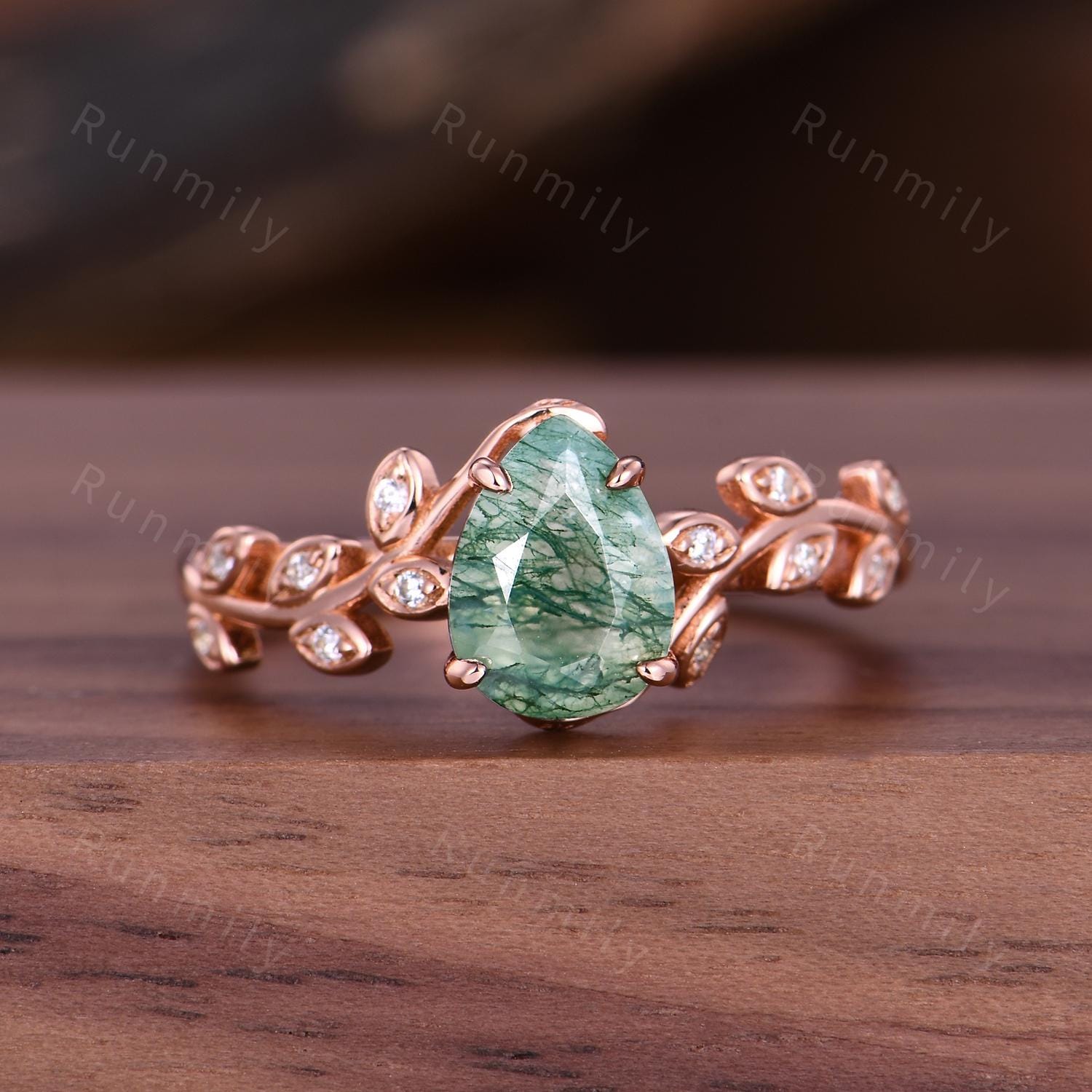 Vintage moss agate engagement ring Art deco leaf promise ring Nature inspired rose gold cluster ring Unique Anniversary gifts for women