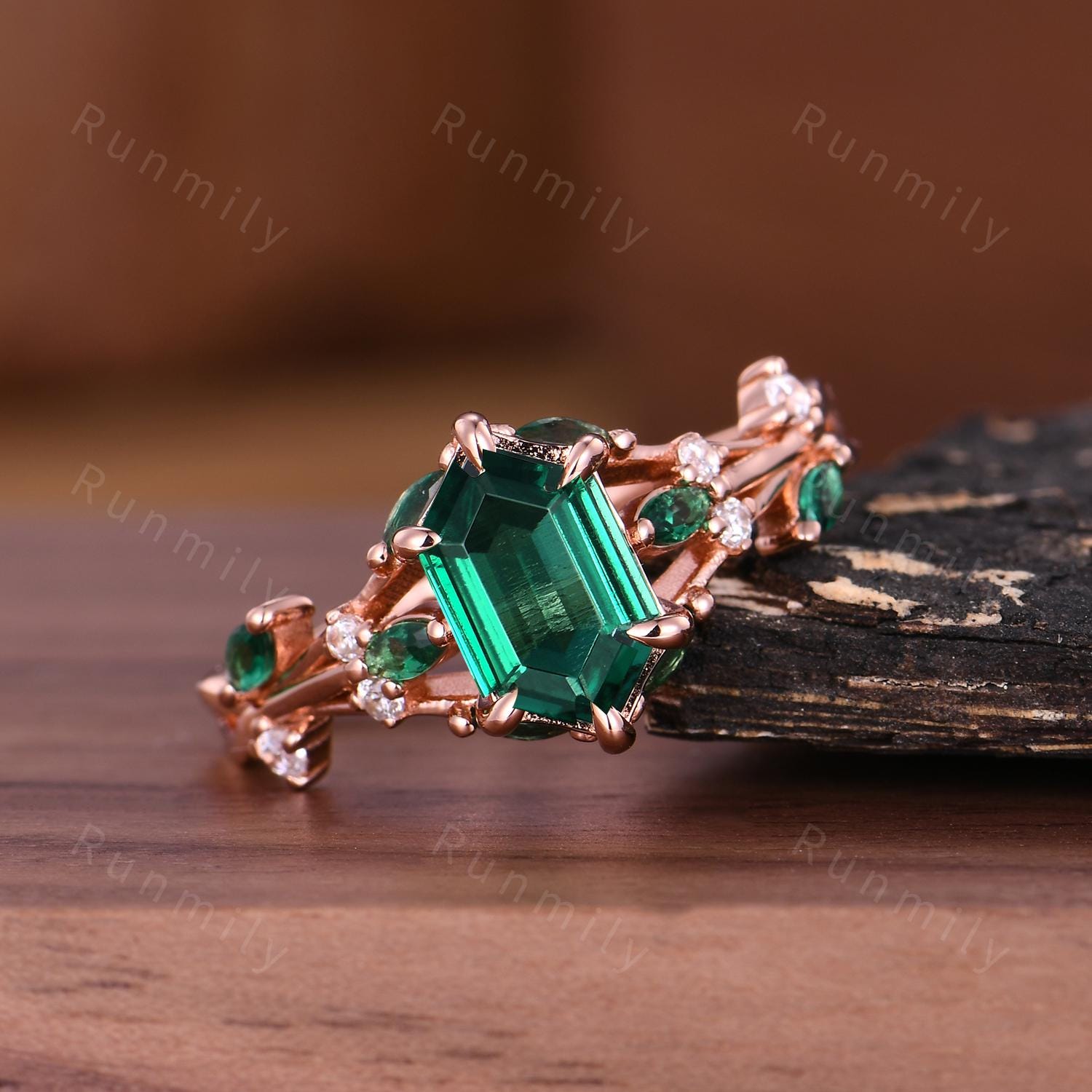 Hexagon Cut Emerald Engagement Ring Nature Inspired Unique Fairytale Rose Gold Wedding Ring Green Leaf Branch Cluster Ring Promise Ring