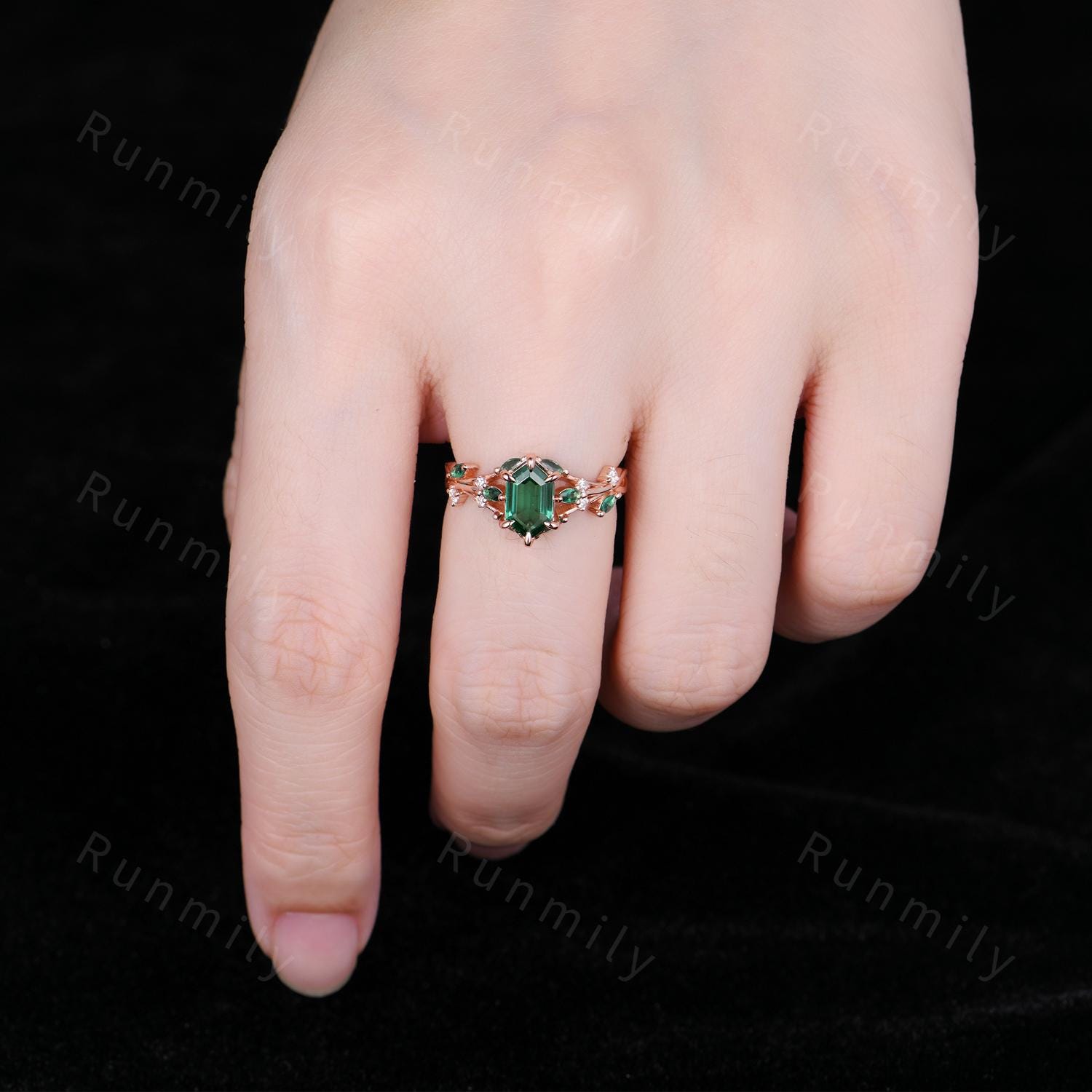 Hexagon Cut Emerald Engagement Ring Nature Inspired Unique Fairytale Rose Gold Wedding Ring Green Leaf Branch Cluster Ring Promise Ring
