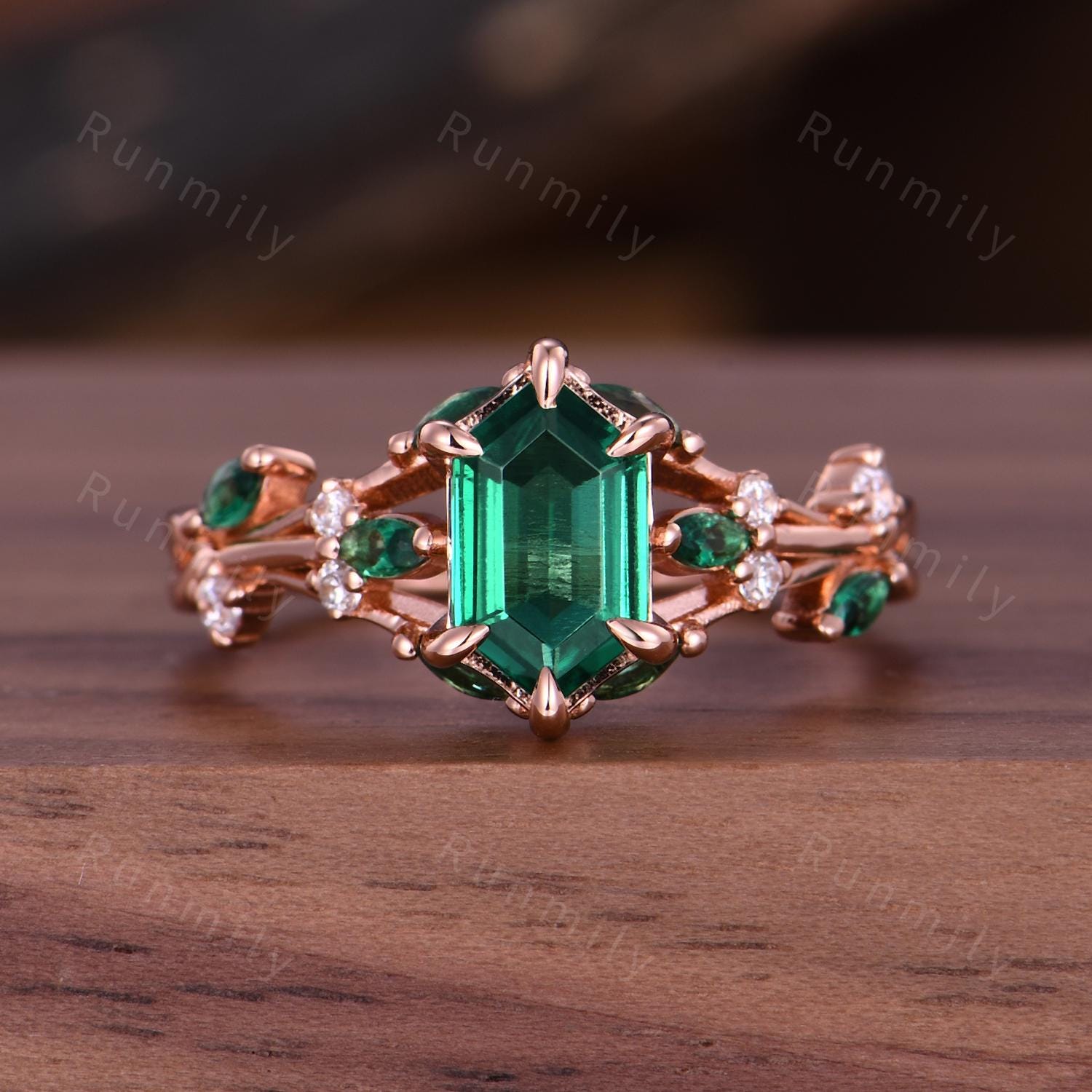Hexagon Cut Emerald Engagement Ring Nature Inspired Unique Fairytale Rose Gold Wedding Ring Green Leaf Branch Cluster Ring Promise Ring