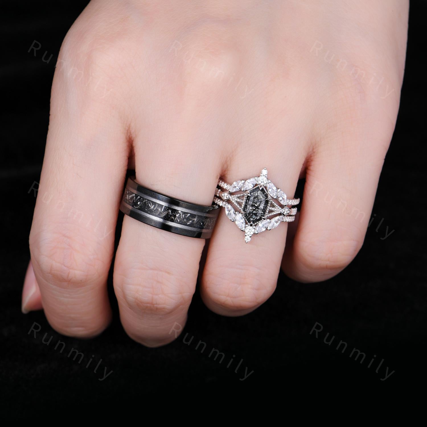 Vintage Black Rutilated Quartz Couples Ring Set Double Curved Diamond Band His and Hers Wedding Band Mens Meteorite Ring Unique Promise Ring