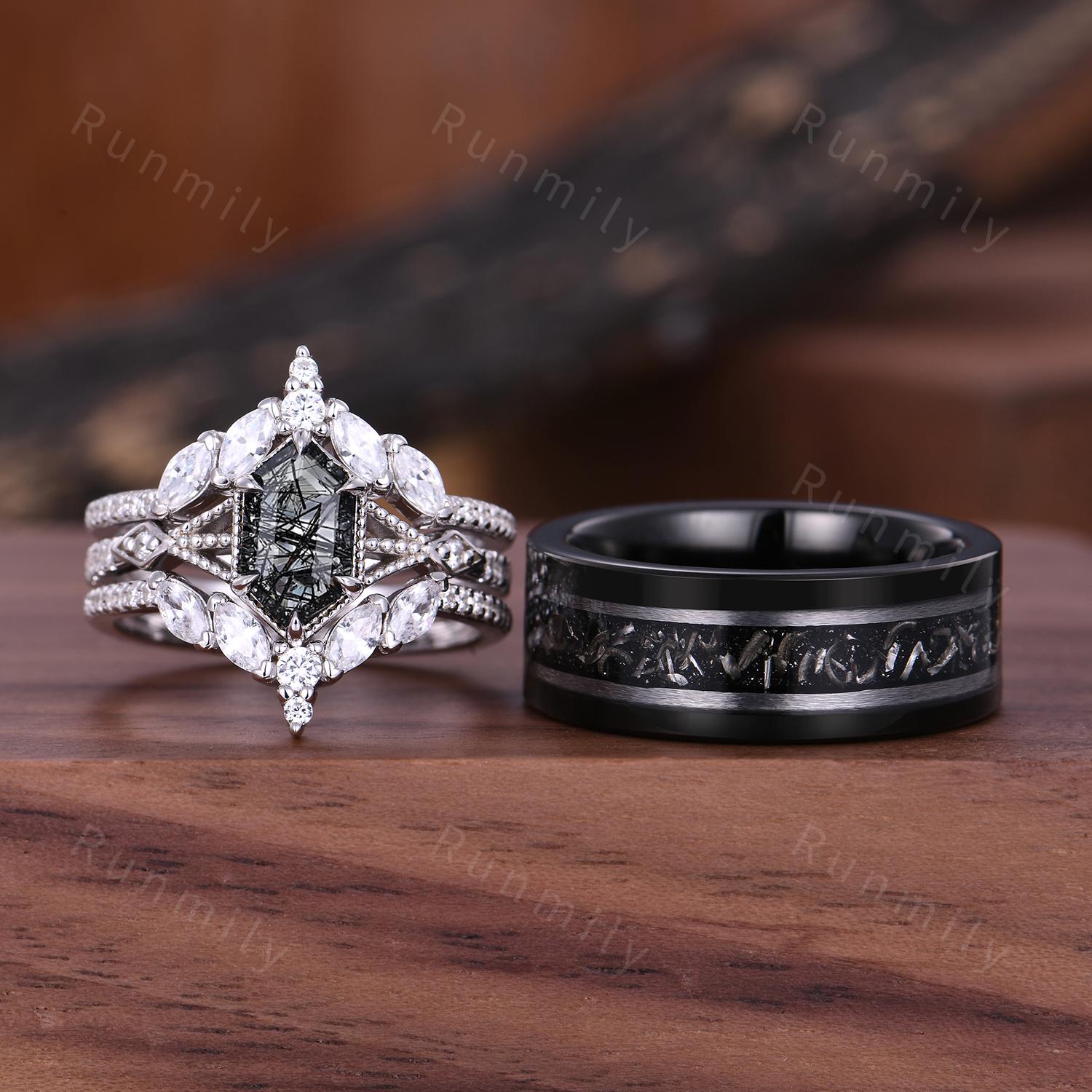 Vintage Black Rutilated Quartz Couples Ring Set Double Curved Diamond Band His and Hers Wedding Band Mens Meteorite Ring Unique Promise Ring