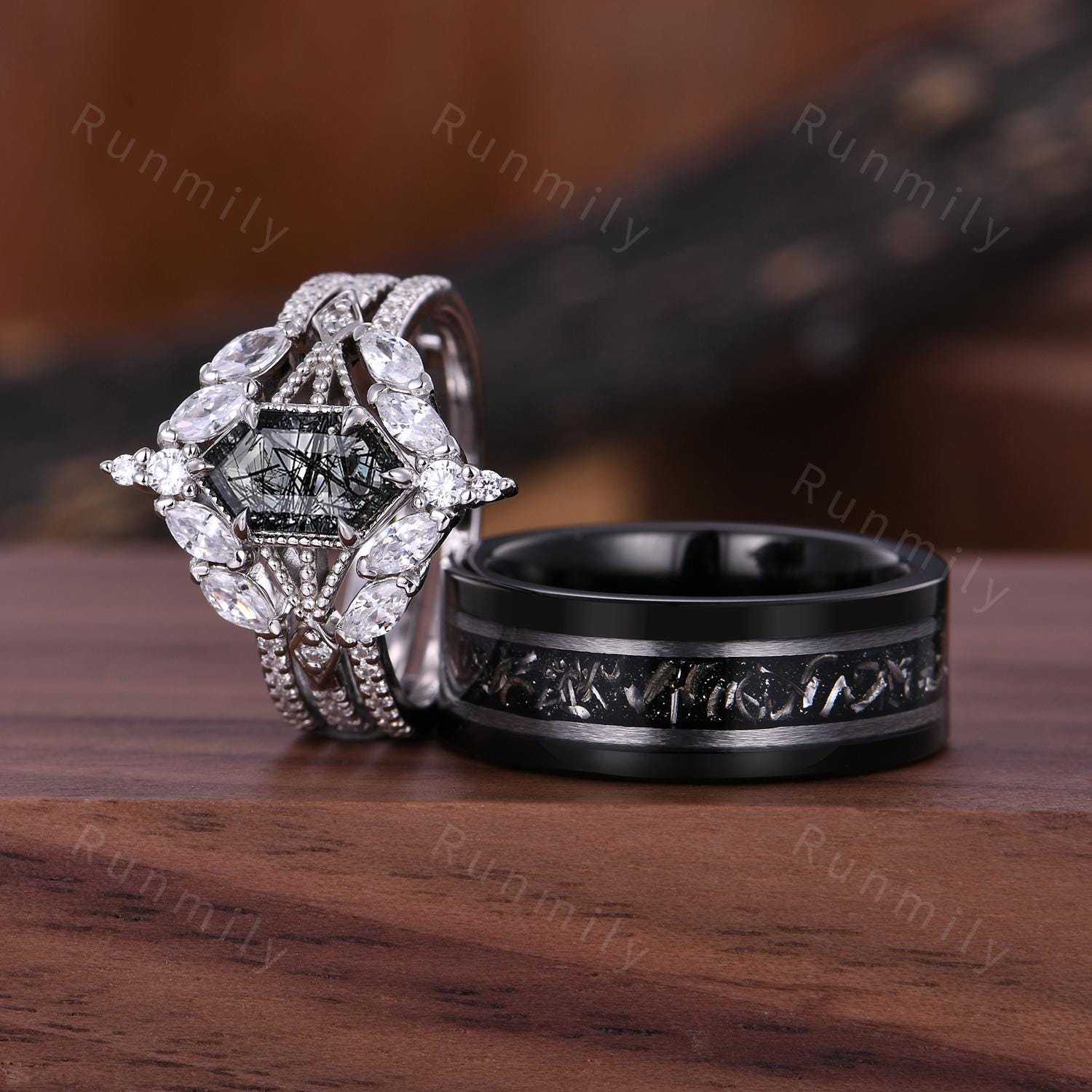 Vintage Black Rutilated Quartz Couples Ring Set Double Curved Diamond Band His and Hers Wedding Band Mens Meteorite Ring Unique Promise Ring