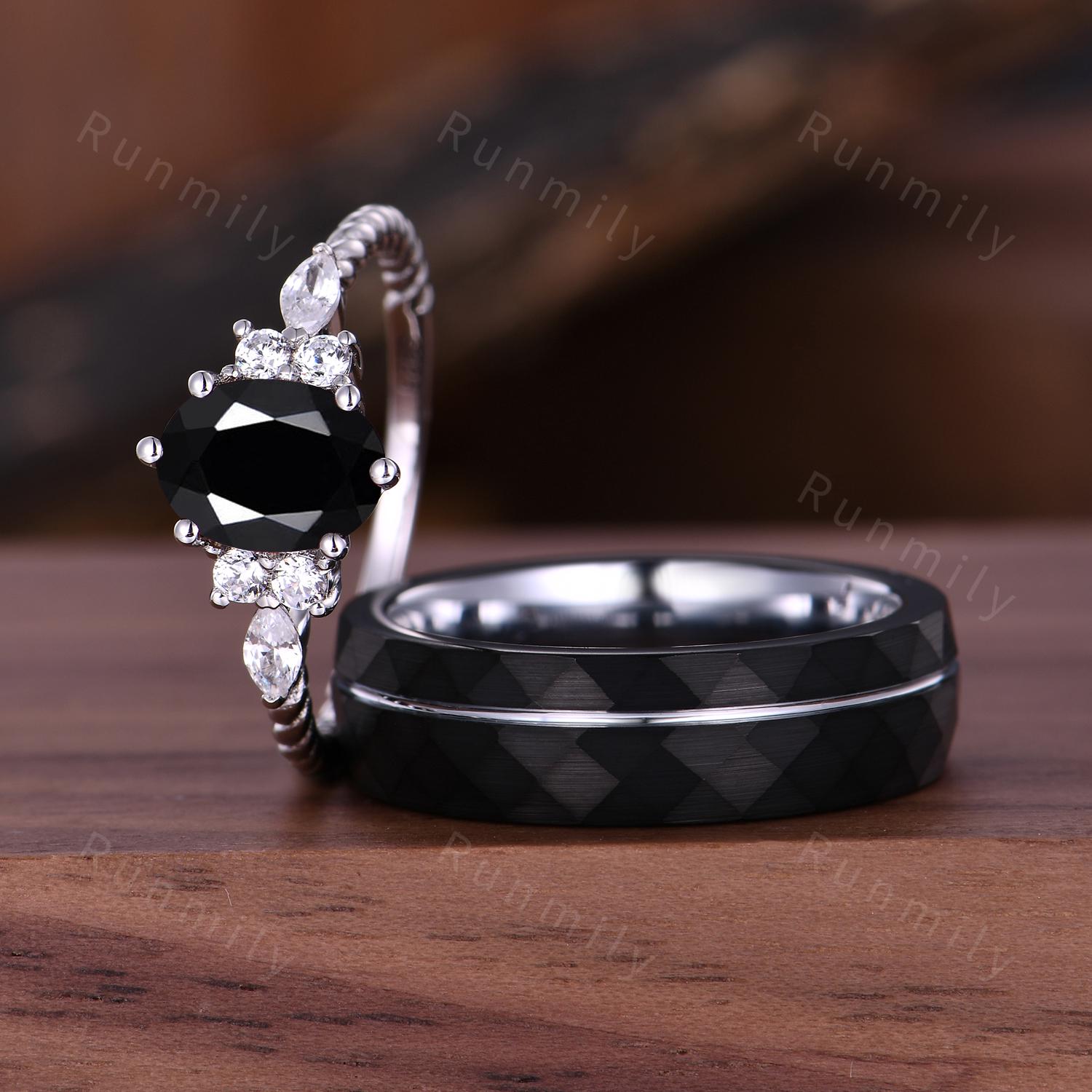 Oval cut Black Onyx Couples Ring Unique Diamond Cluster Bridal Ring Silver His and Hers Ring Mens Hammered Band Promise Rings For Couples