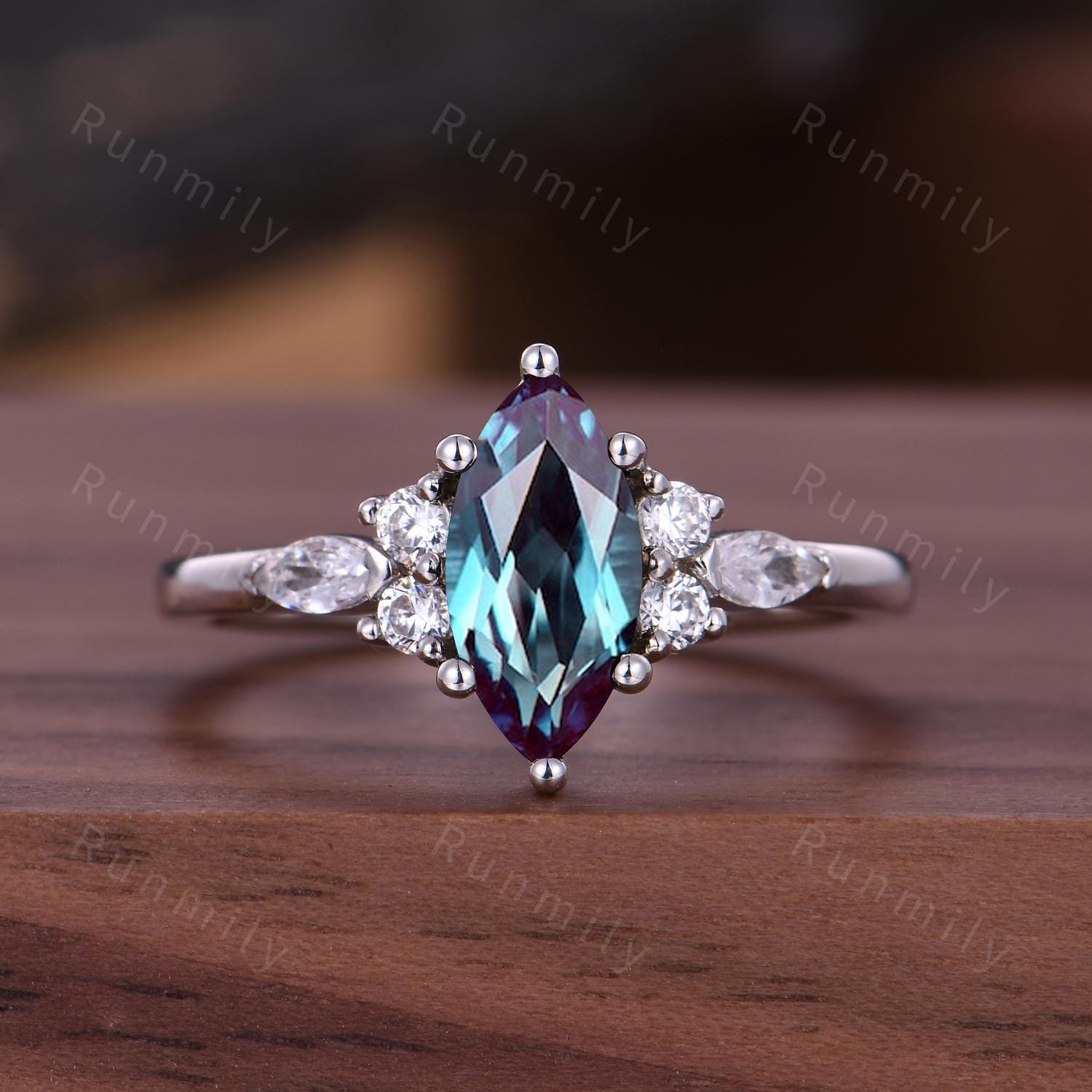 Marquise Cut Alexandrite Engagement Ring, Unique Moissanite Cluster Wedding Ring, Vintage June Birthstone White Gold Bridal Promise Ring