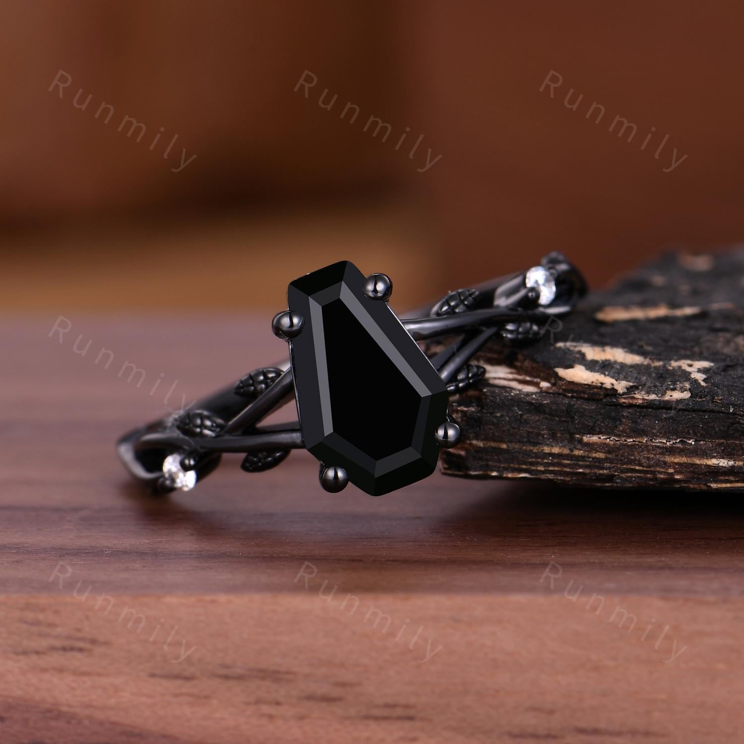Coffin cut black onyx engagement ring Black gold ring Art deco branch leaf design moissanite wedding ring nature inspired ring promise ring