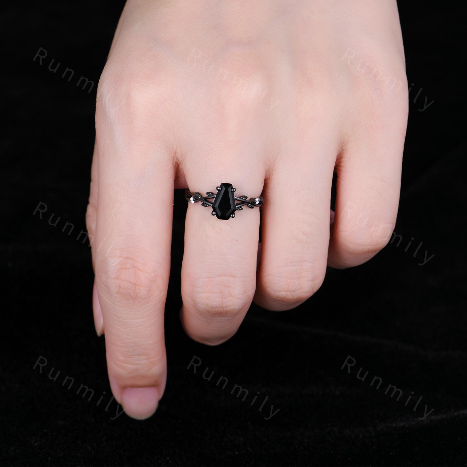 Coffin cut black onyx engagement ring Black gold ring Art deco branch leaf design moissanite wedding ring nature inspired ring promise ring