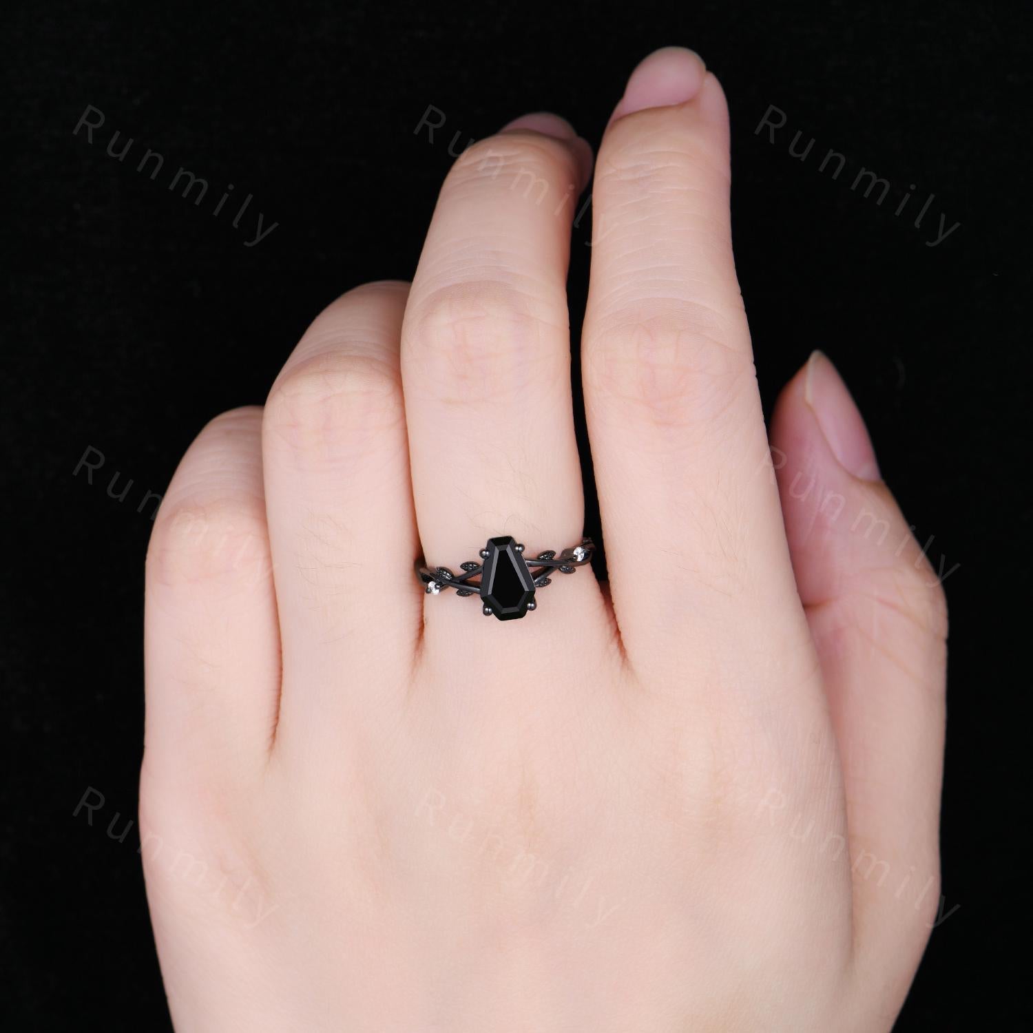 Coffin cut black onyx engagement ring Black gold ring Art deco branch leaf design moissanite wedding ring nature inspired ring promise ring