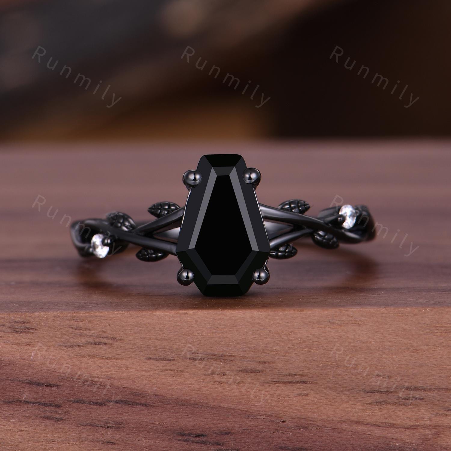 Coffin cut black onyx engagement ring Black gold ring Art deco branch leaf design moissanite wedding ring nature inspired ring promise ring