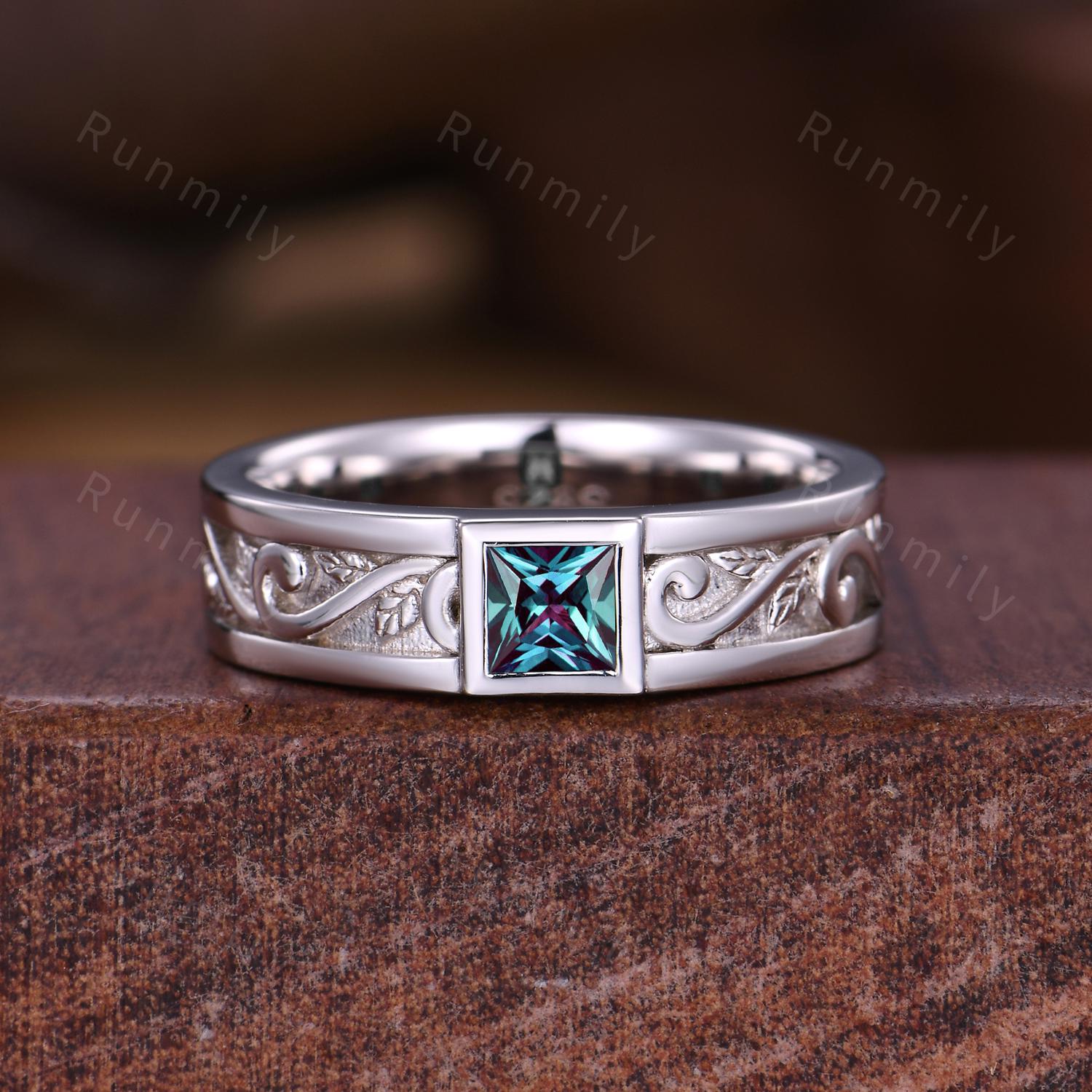 Men's Alexandrite Wedding Band White Gold Princess Cut Wedding Ring Mens Engagement Ring Vintage Wave Leaf Ring Mens Stacking Ring His Ring