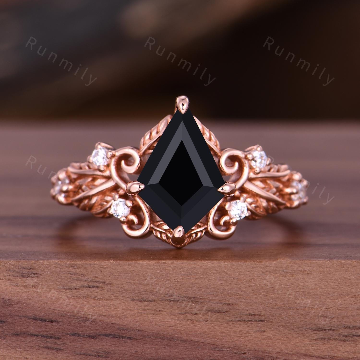 Natural Black Onyx Engagement Ring Antique Leaf Style Ring Rose Gold Nature Inspired Handmade Ring Bridal Anniversary Gift Ring