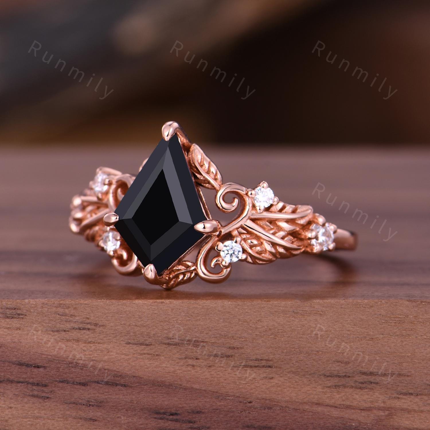 Natural Black Onyx Engagement Ring Antique Leaf Style Ring Rose Gold Nature Inspired Handmade Ring Bridal Anniversary Gift Ring