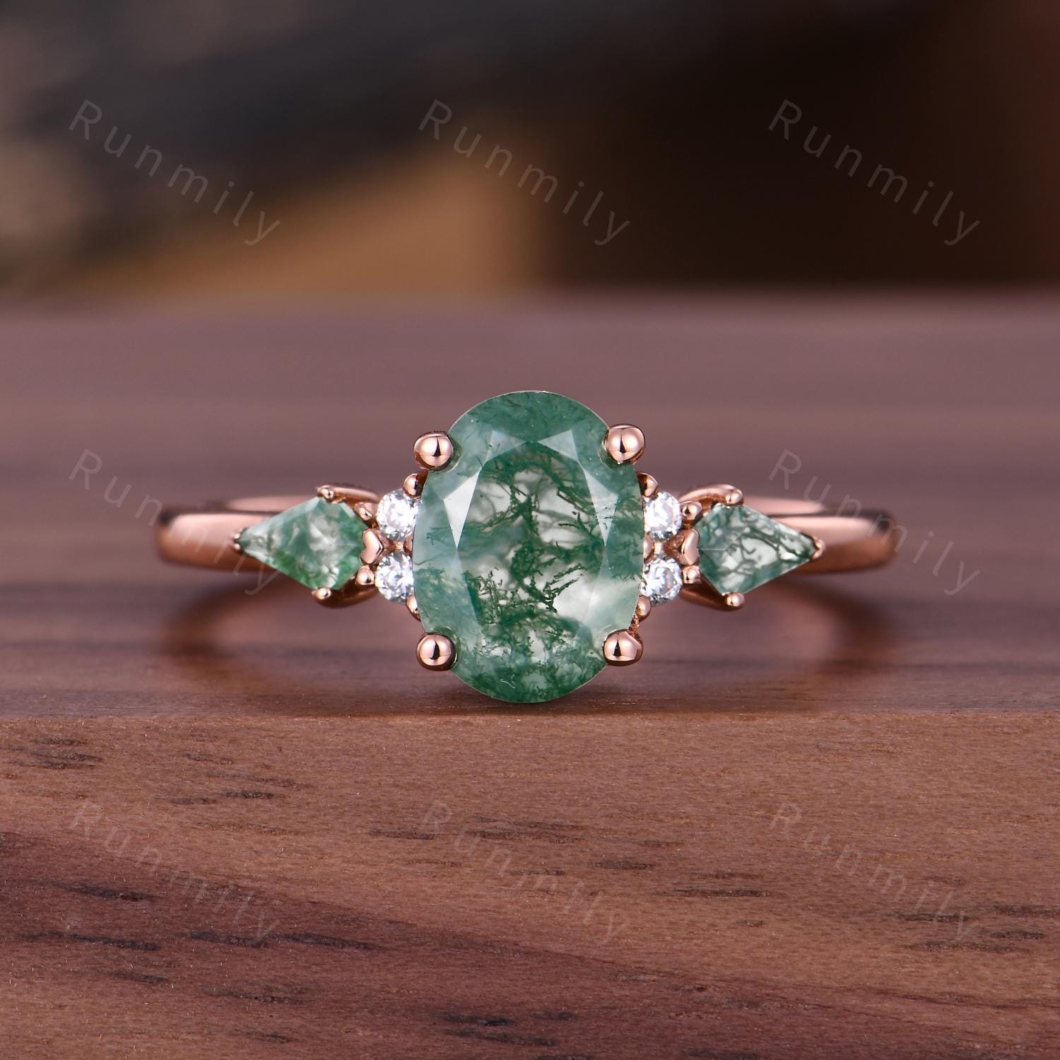Moss Agate engagement ring Oval vintage rose gold Ring unique Cluster kite cut green Agate moissanite wedding ring Anniversary bridal ring