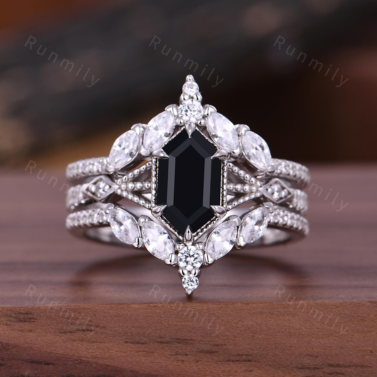 Vintage Hexagon Black Onyx Couples Ring Set Double Curved Diamond Band His and Hers Wedding Band Mens Meteorite Ring Promise Ring For Couple