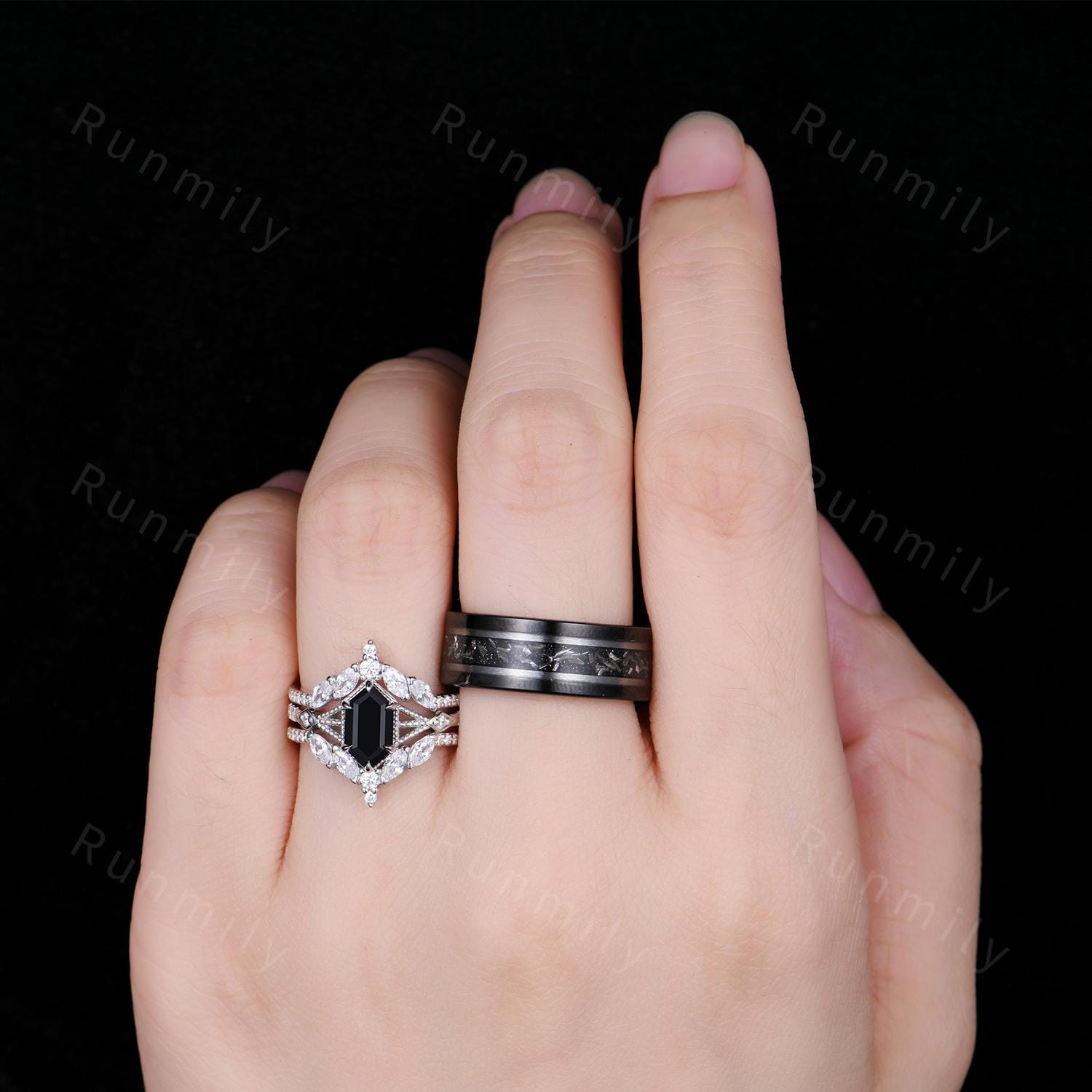 Vintage Hexagon Black Onyx Couples Ring Set Double Curved Diamond Band His and Hers Wedding Band Mens Meteorite Ring Promise Ring For Couple