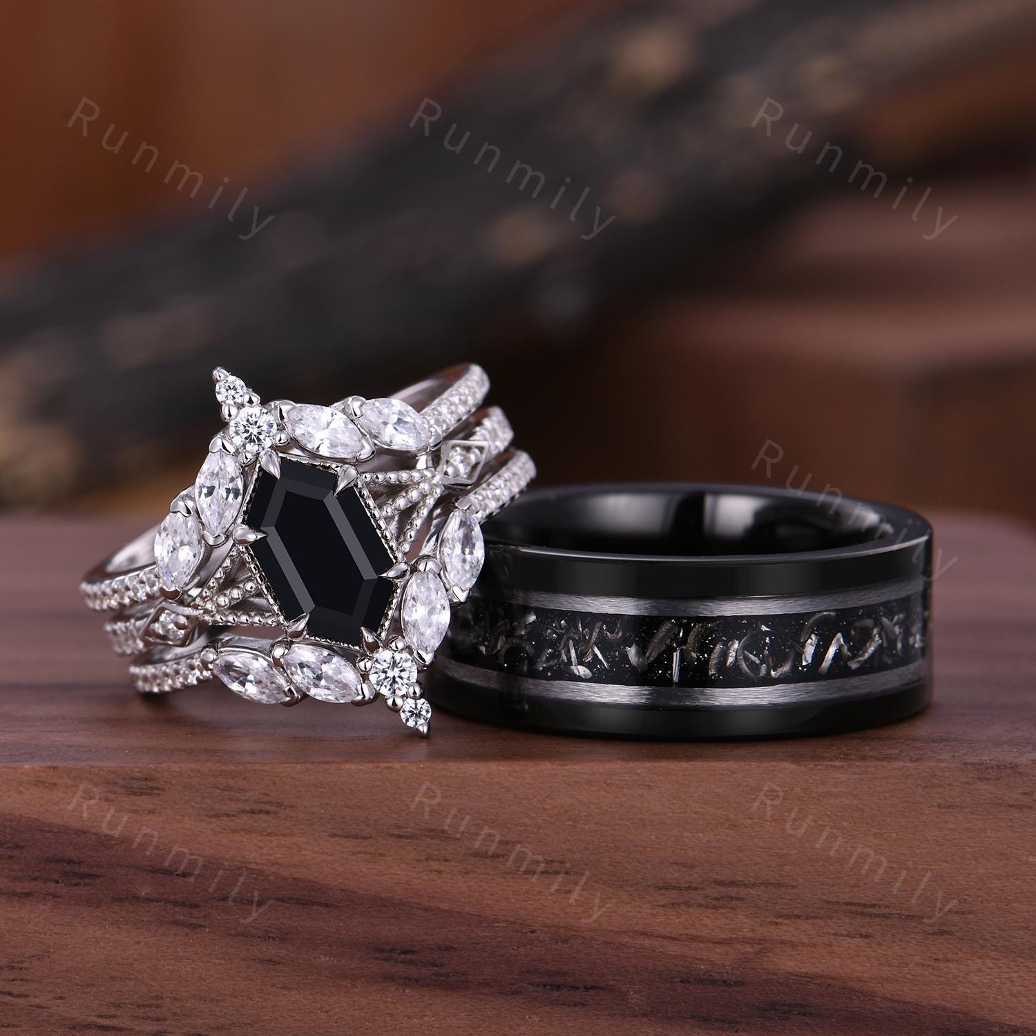 Vintage Hexagon Black Onyx Couples Ring Set Double Curved Diamond Band His and Hers Wedding Band Mens Meteorite Ring Promise Ring For Couple