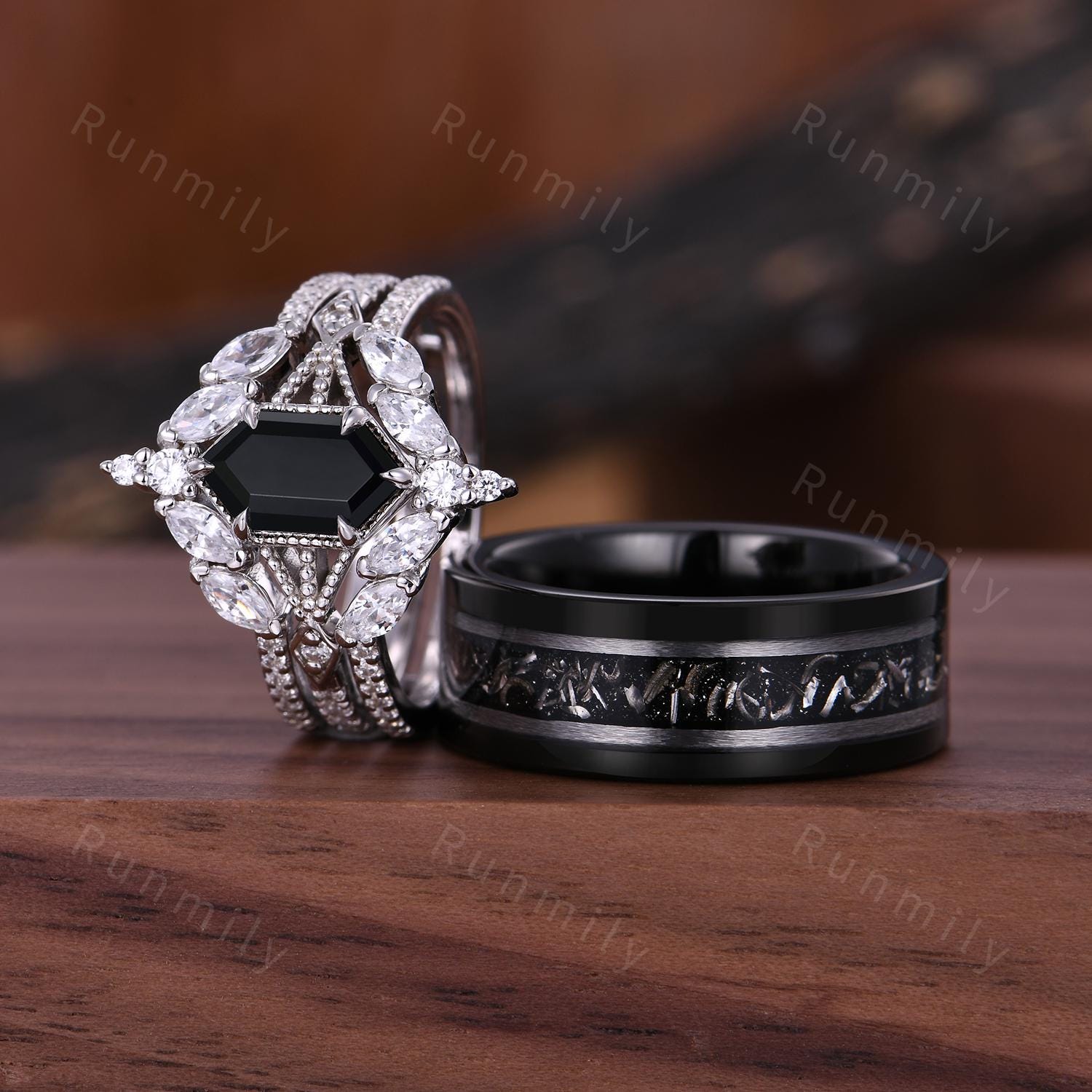 Vintage Hexagon Black Onyx Couples Ring Set Double Curved Diamond Band His and Hers Wedding Band Mens Meteorite Ring Promise Ring For Couple