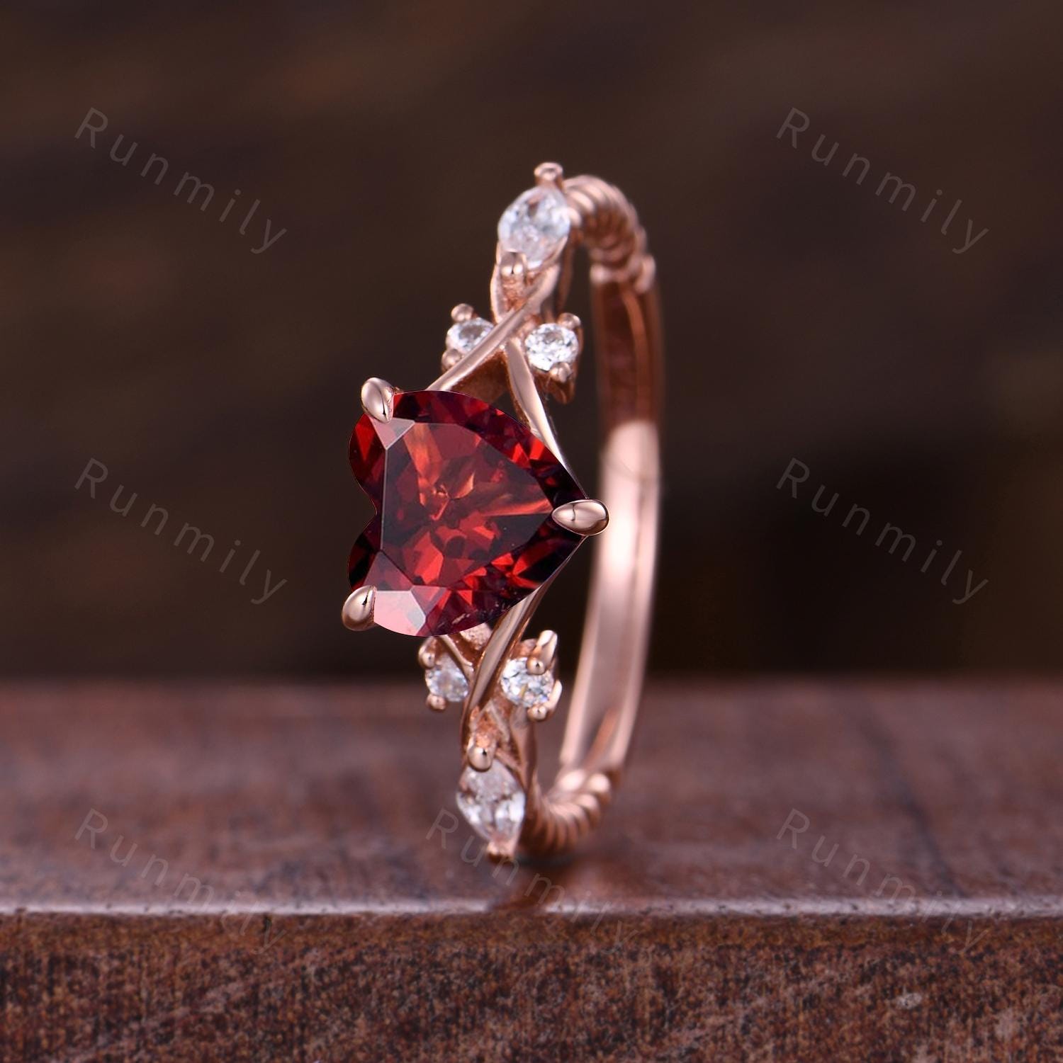 Twisted Split Garnet Engagement Ring, Rose Gold Heart Shaped Ring, Art Deco Seven Stone Ring, Moissanite Cluster Engagement Bridal Ring