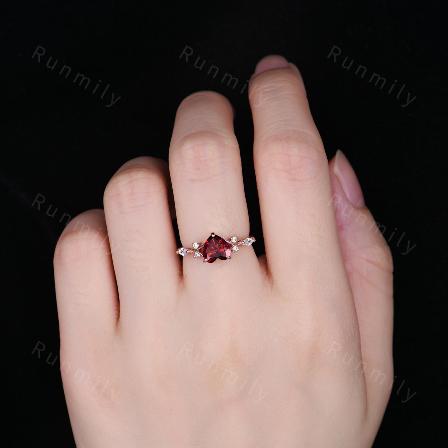 Twisted Split Garnet Engagement Ring, Rose Gold Heart Shaped Ring, Art Deco Seven Stone Ring, Moissanite Cluster Engagement Bridal Ring