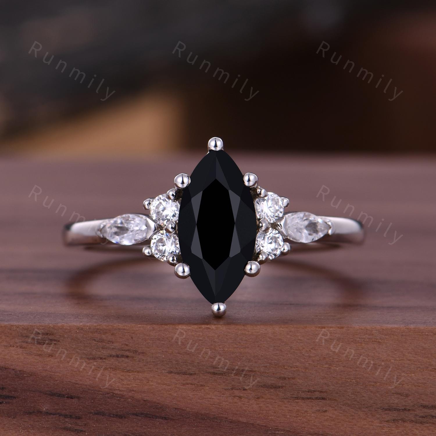 Vintage Marquise Cut Black Onyx Engagement Ring Women's Moissanite Cluster Wedding Ring Delicate 14k White Gold Gemstone Bridal Promise Ring