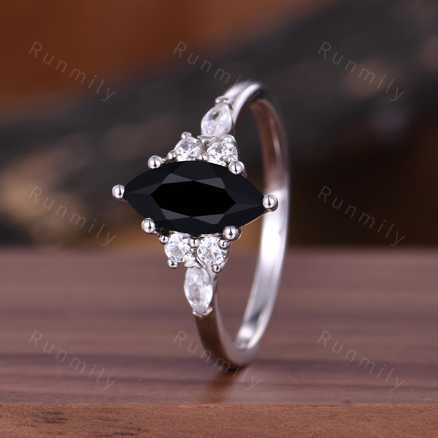 Vintage Marquise Cut Black Onyx Engagement Ring Women's Moissanite Cluster Wedding Ring Delicate 14k White Gold Gemstone Bridal Promise Ring
