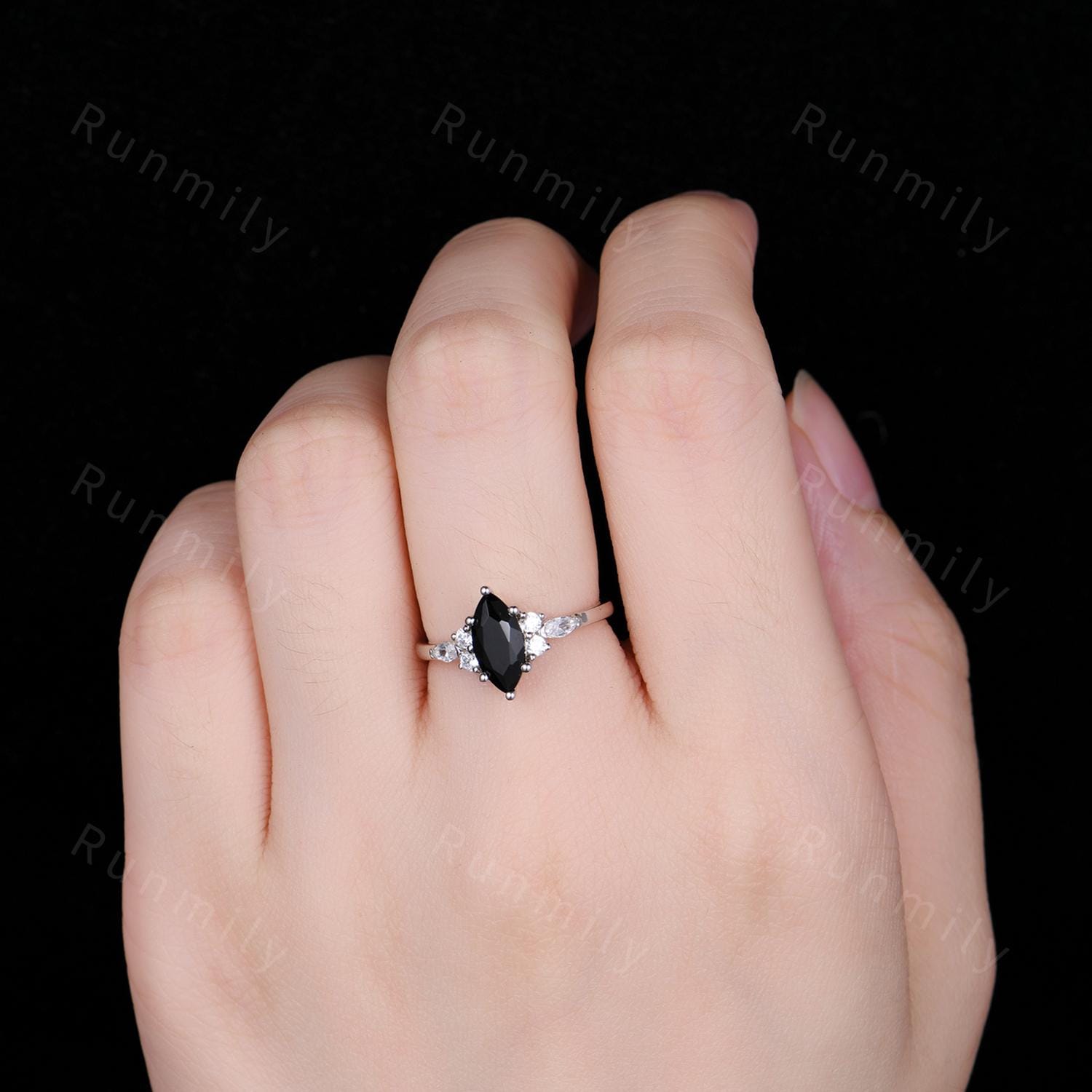 Vintage Marquise Cut Black Onyx Engagement Ring Women's Moissanite Cluster Wedding Ring Delicate 14k White Gold Gemstone Bridal Promise Ring