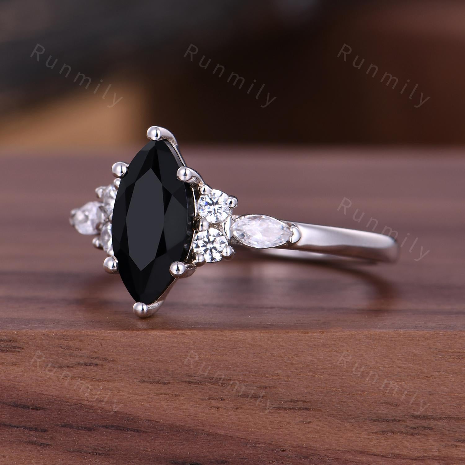 Vintage Marquise Cut Black Onyx Engagement Ring Women's Moissanite Cluster Wedding Ring Delicate 14k White Gold Gemstone Bridal Promise Ring