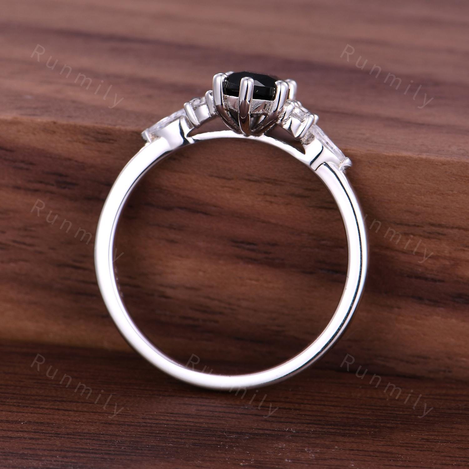 Vintage Marquise Cut Black Onyx Engagement Ring Women's Moissanite Cluster Wedding Ring Delicate 14k White Gold Gemstone Bridal Promise Ring