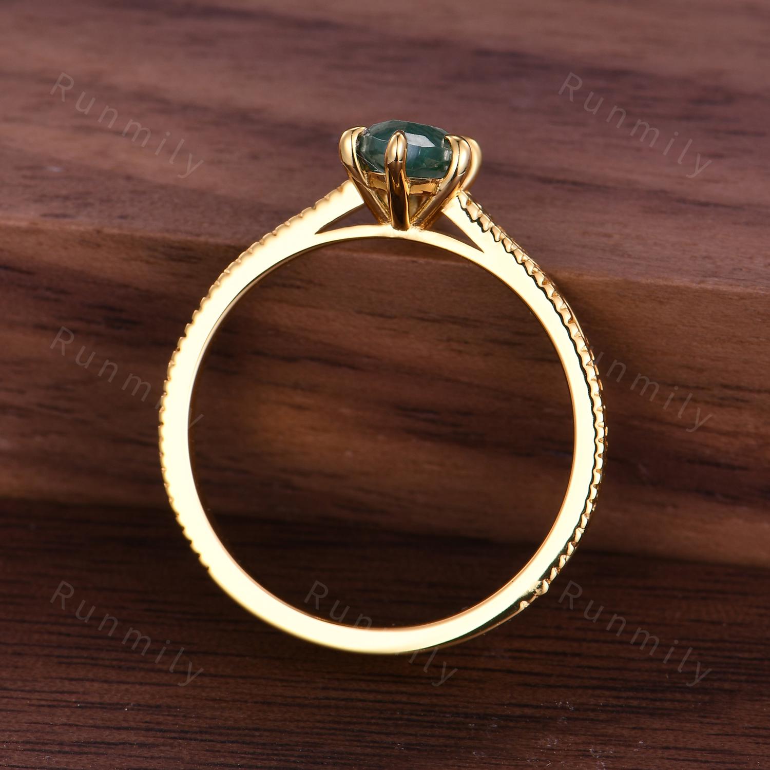 Filigree Marquise Cut Moss Agate Engagement Ring Women's Antique Wedding Ring Vintage 14k Solid Gold Natural Moss Agate Bridal Promise Ring