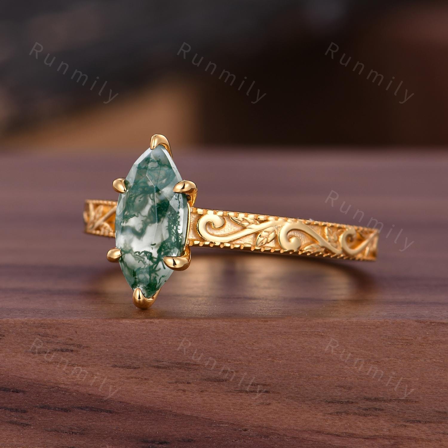 Filigree Marquise Cut Moss Agate Engagement Ring Women's Antique Wedding Ring Vintage 14k Solid Gold Natural Moss Agate Bridal Promise Ring