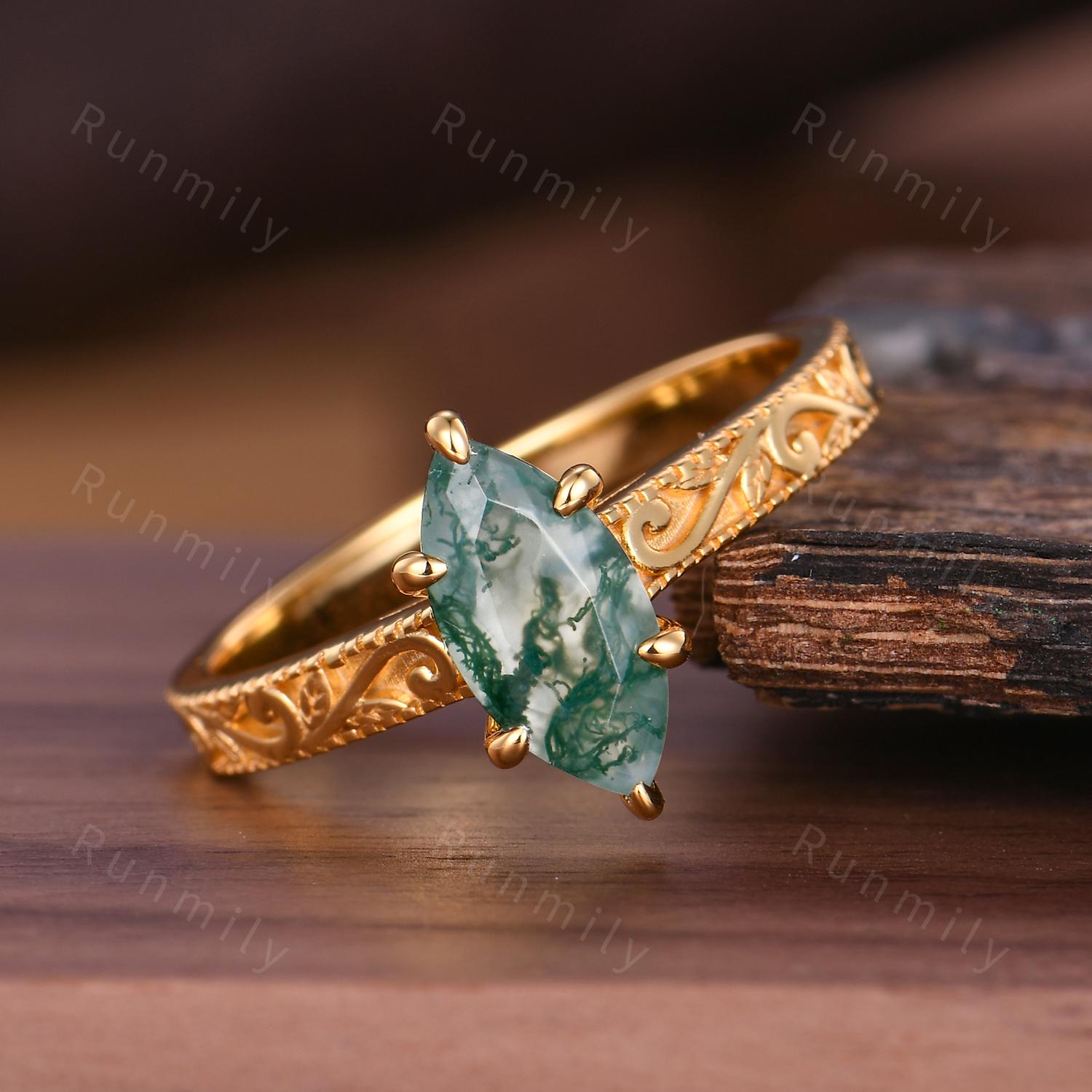 Filigree Marquise Cut Moss Agate Engagement Ring Women's Antique Wedding Ring Vintage 14k Solid Gold Natural Moss Agate Bridal Promise Ring