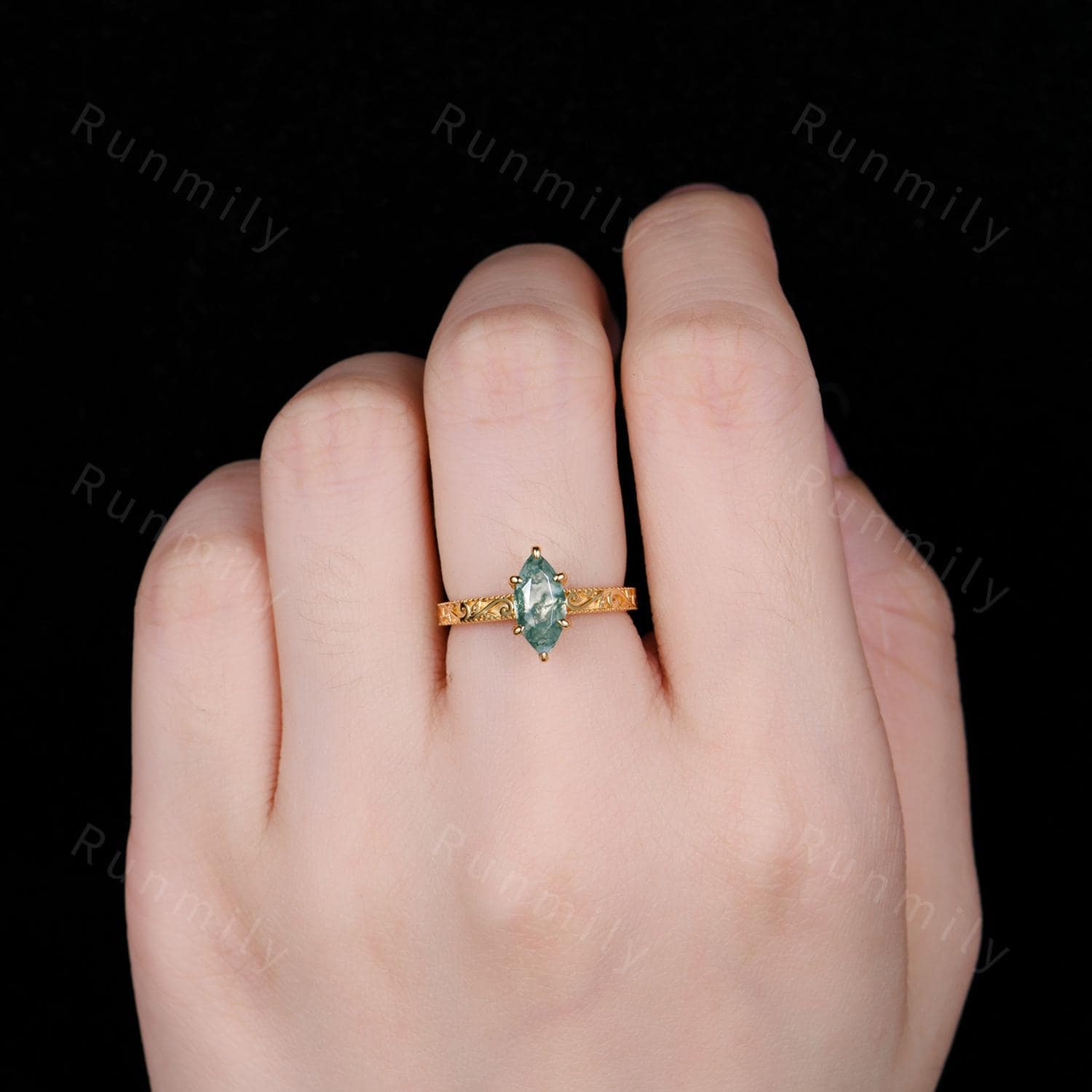 Vintage Natural Moss Agate Engagement Ring Filigree Antique Kite Cut Ring Leaf Style 14k White Gold Moss Agate Bridal Promise Ring Gift