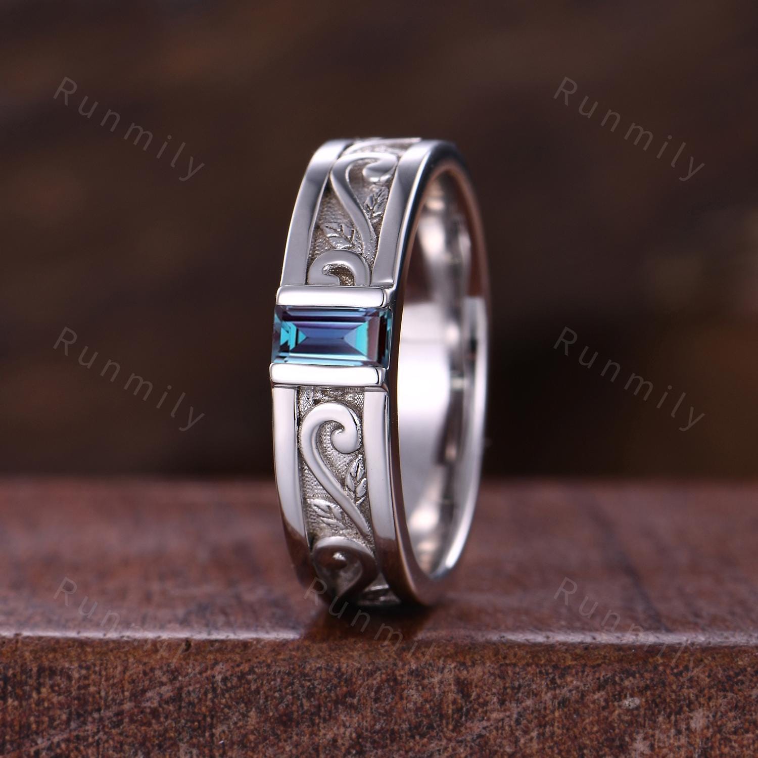 Baguette cut Alexandrite Wedding Band Mens White Gold Wedding Band Lab Alexandrite Mens Band Mens Stacking Matching Band Gift For Husband