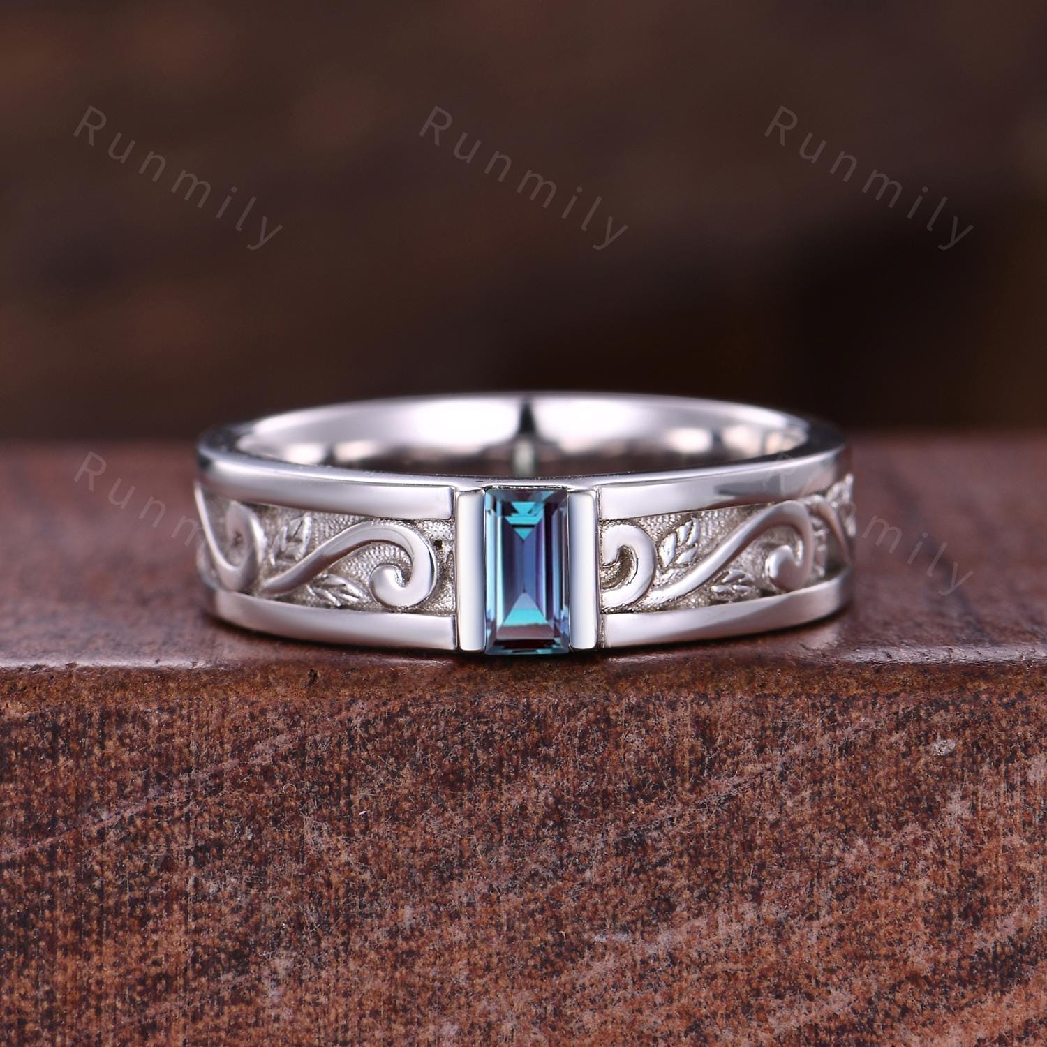 Baguette cut Alexandrite Wedding Band Mens White Gold Wedding Band Lab Alexandrite Mens Band Mens Stacking Matching Band Gift For Husband