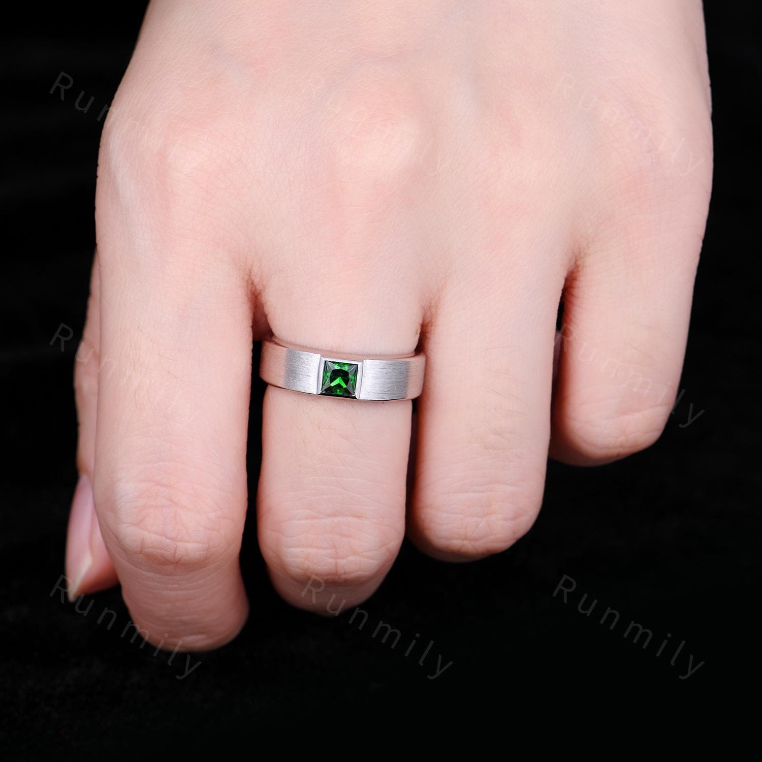 Men's Emerald Wedding Band White Gold Princess Cut Wedding Ring Emerald Engagement Ring Vintage Brushed Finish Ring Mens Stacking Ring