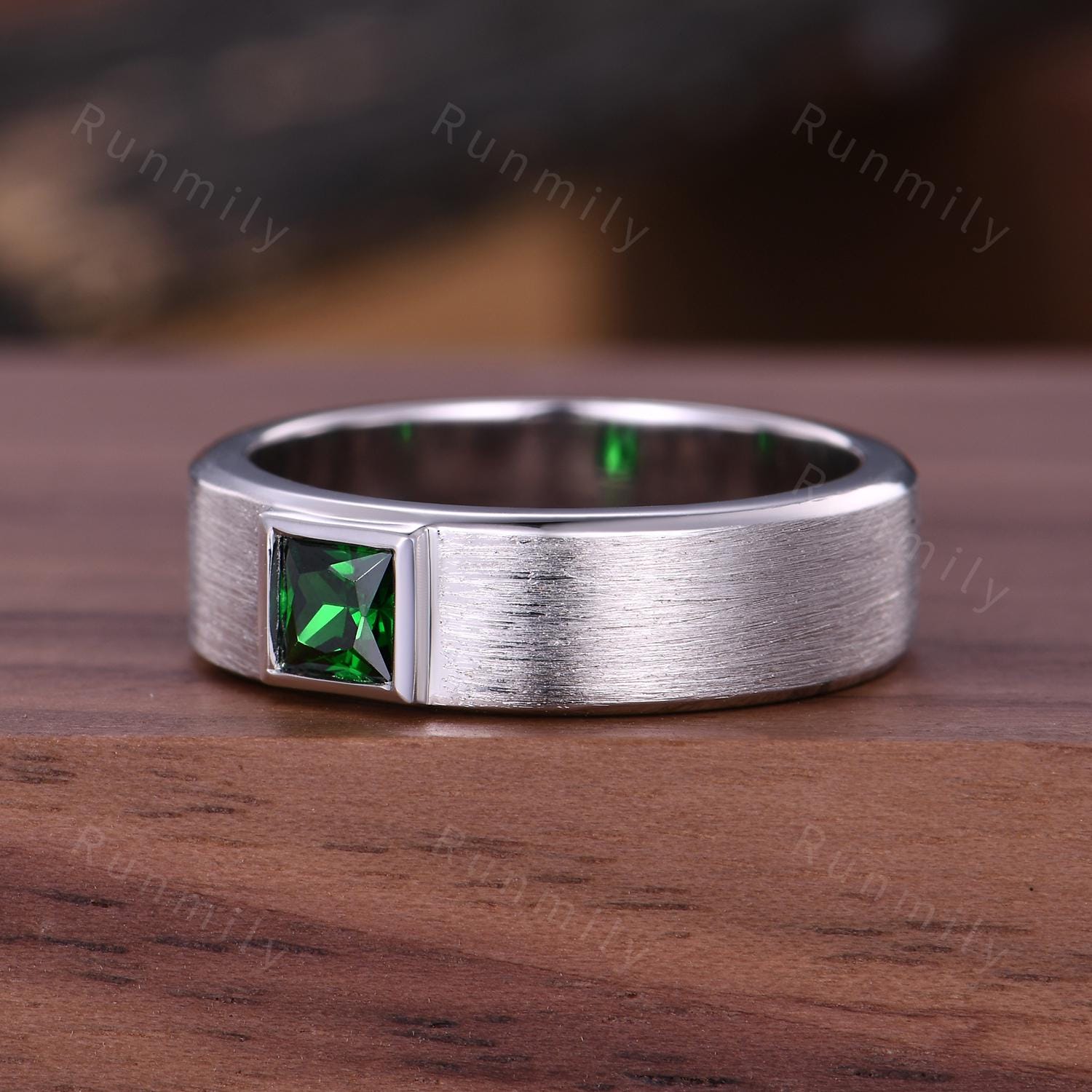 Men's Emerald Wedding Band White Gold Princess Cut Wedding Ring Emerald Engagement Ring Vintage Brushed Finish Ring Mens Stacking Ring