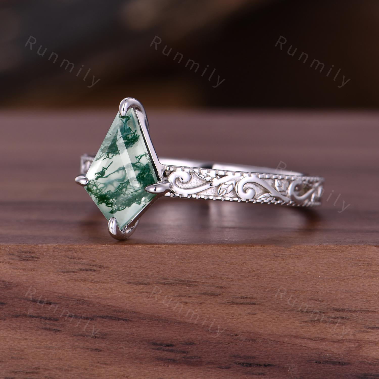 Vintage Natural Moss Agate Engagement Ring Filigree Antique Kite Cut Ring Leaf Style 14k White Gold Moss Agate Bridal Promise Ring Gift