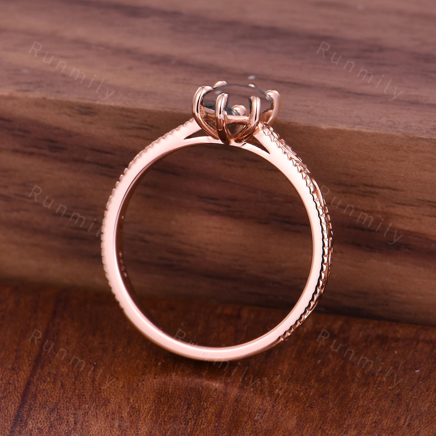 Vintage Moss Agate Ring Hexagon Cut Bridal Ring Antique Filigree Women's Ring Art Deco Natural Moss Agate Engagement Promise Ring Rose Gold