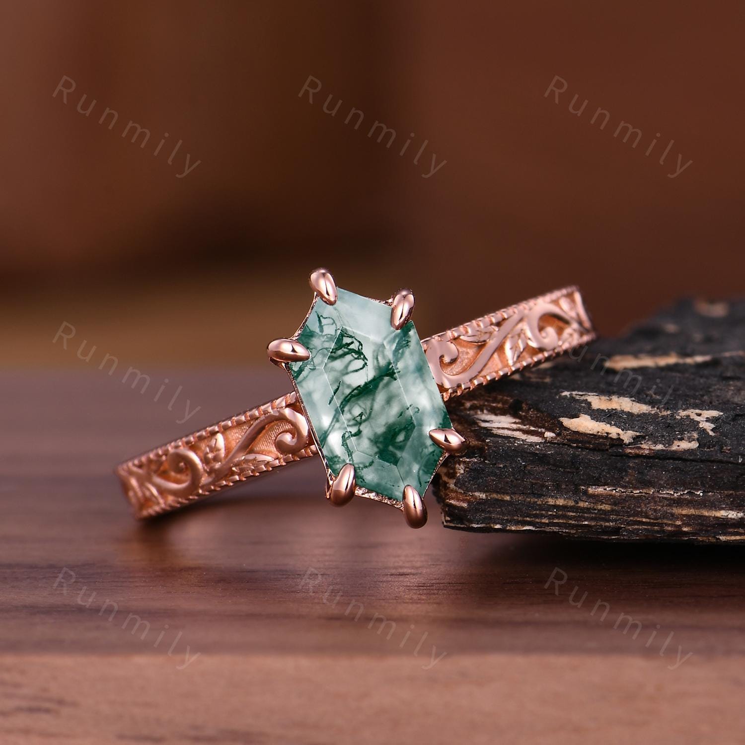 Vintage Moss Agate Ring Hexagon Cut Bridal Ring Antique Filigree Women's Ring Art Deco Natural Moss Agate Engagement Promise Ring Rose Gold