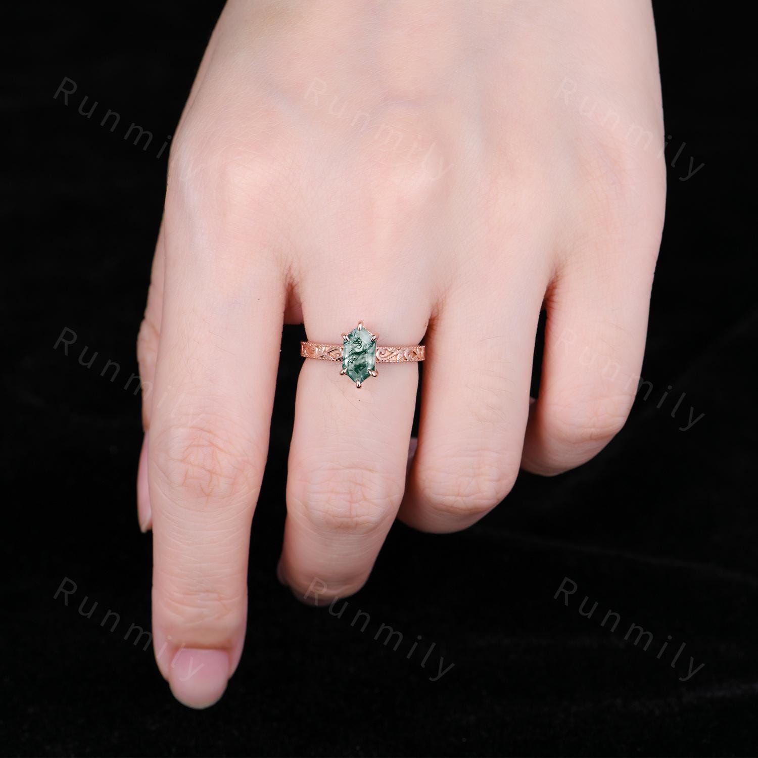 Vintage Moss Agate Ring Hexagon Cut Bridal Ring Antique Filigree Women's Ring Art Deco Natural Moss Agate Engagement Promise Ring Rose Gold