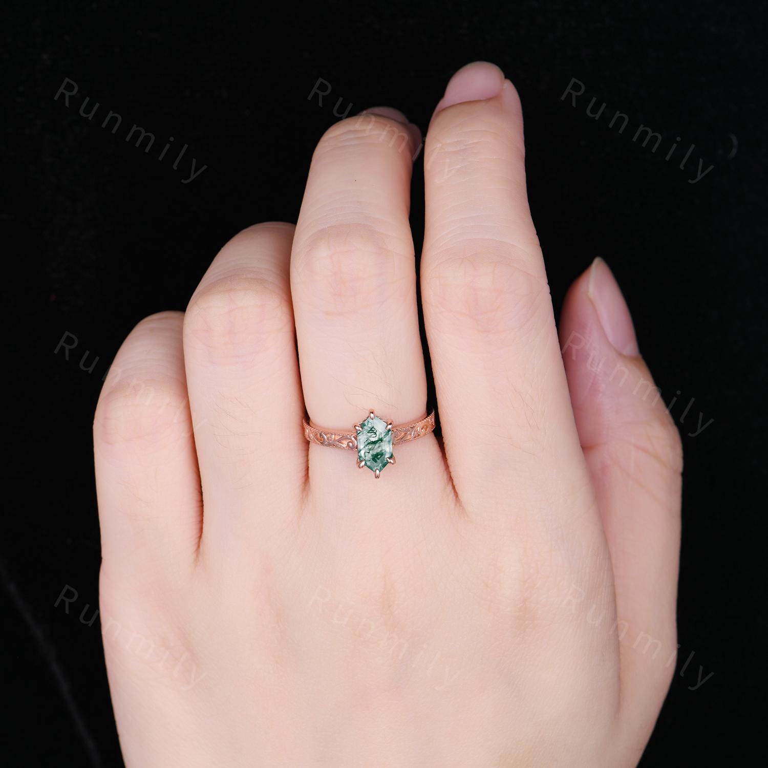 Vintage Moss Agate Ring Hexagon Cut Bridal Ring Antique Filigree Women's Ring Art Deco Natural Moss Agate Engagement Promise Ring Rose Gold