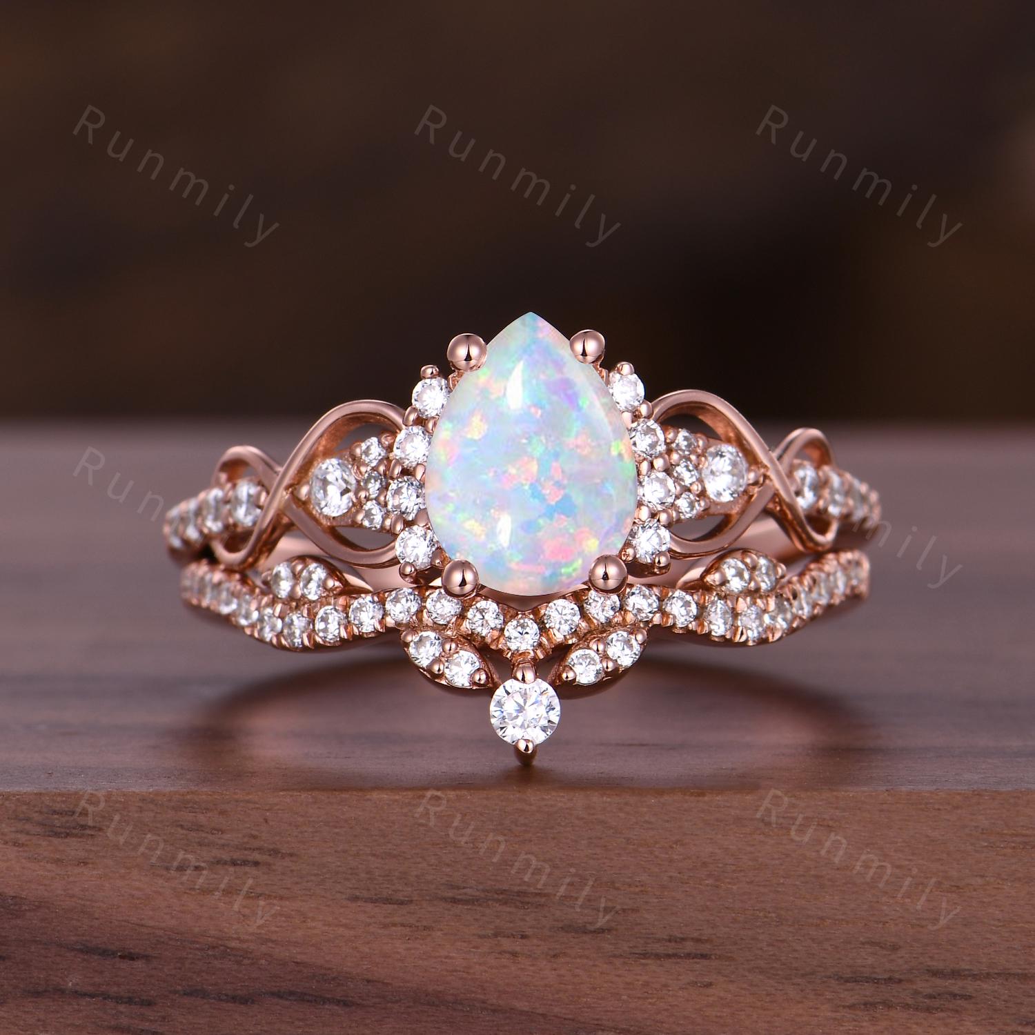 Pear Cut Moissanite Engagement Ring Set Unique Rose Gold Bridal Ring Set Diamond Cluster Wedding Curved Stacking Band Promise ring set