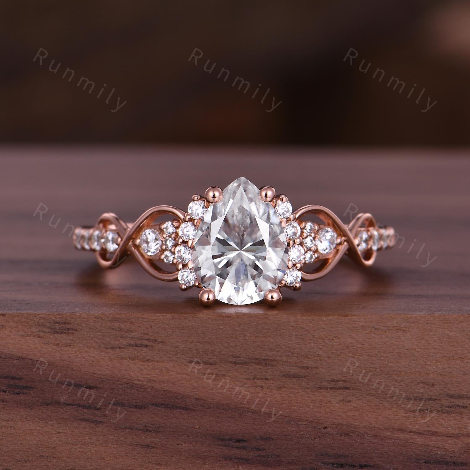 Pear Cut Moissanite Engagement Ring Set Unique Rose Gold Bridal Ring Set Diamond Cluster Wedding Curved Stacking Band Promise ring set