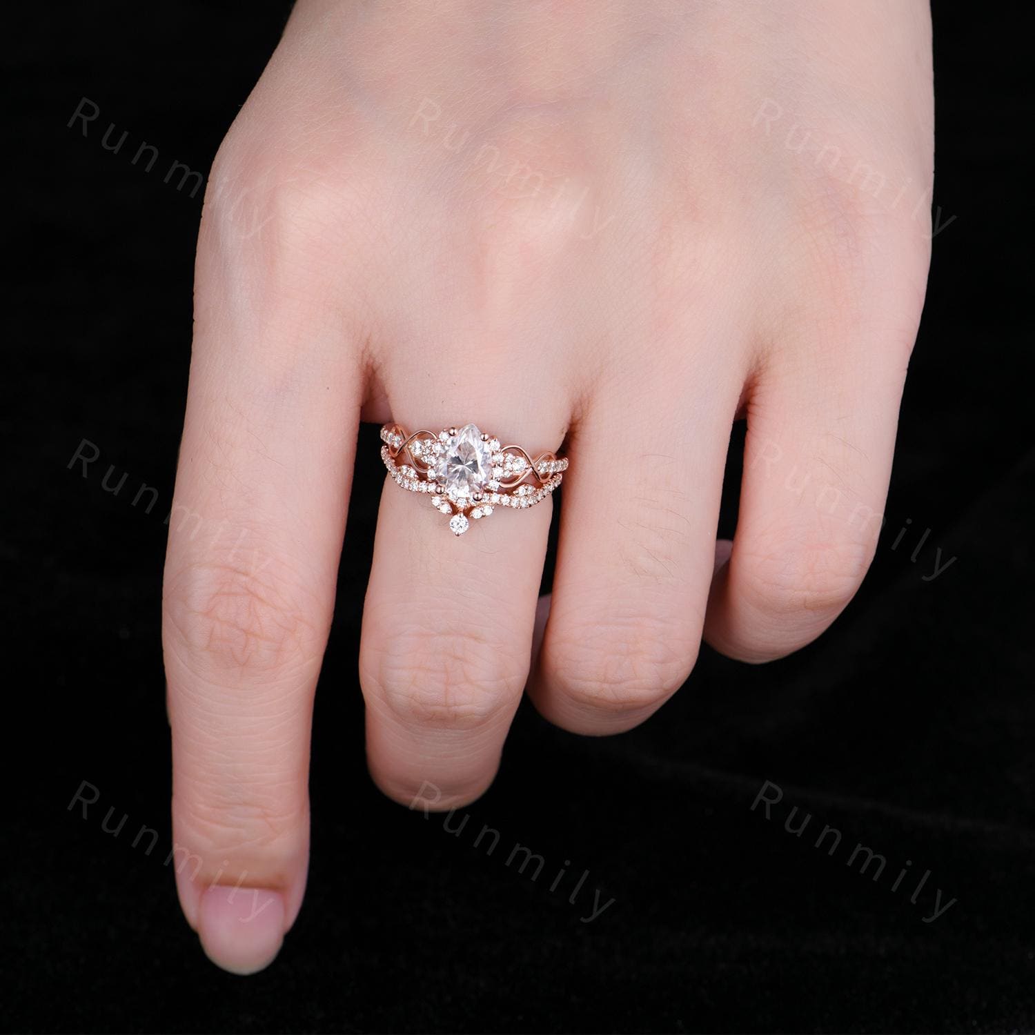 Pear Cut Moissanite Engagement Ring Set Unique Rose Gold Bridal Ring Set Diamond Cluster Wedding Curved Stacking Band Promise ring set