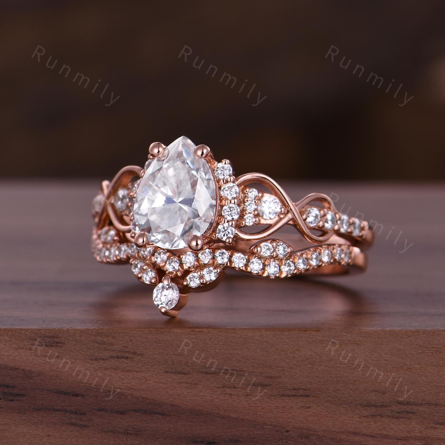 Pear Cut Moissanite Engagement Ring Set Unique Rose Gold Bridal Ring Set Diamond Cluster Wedding Curved Stacking Band Promise ring set