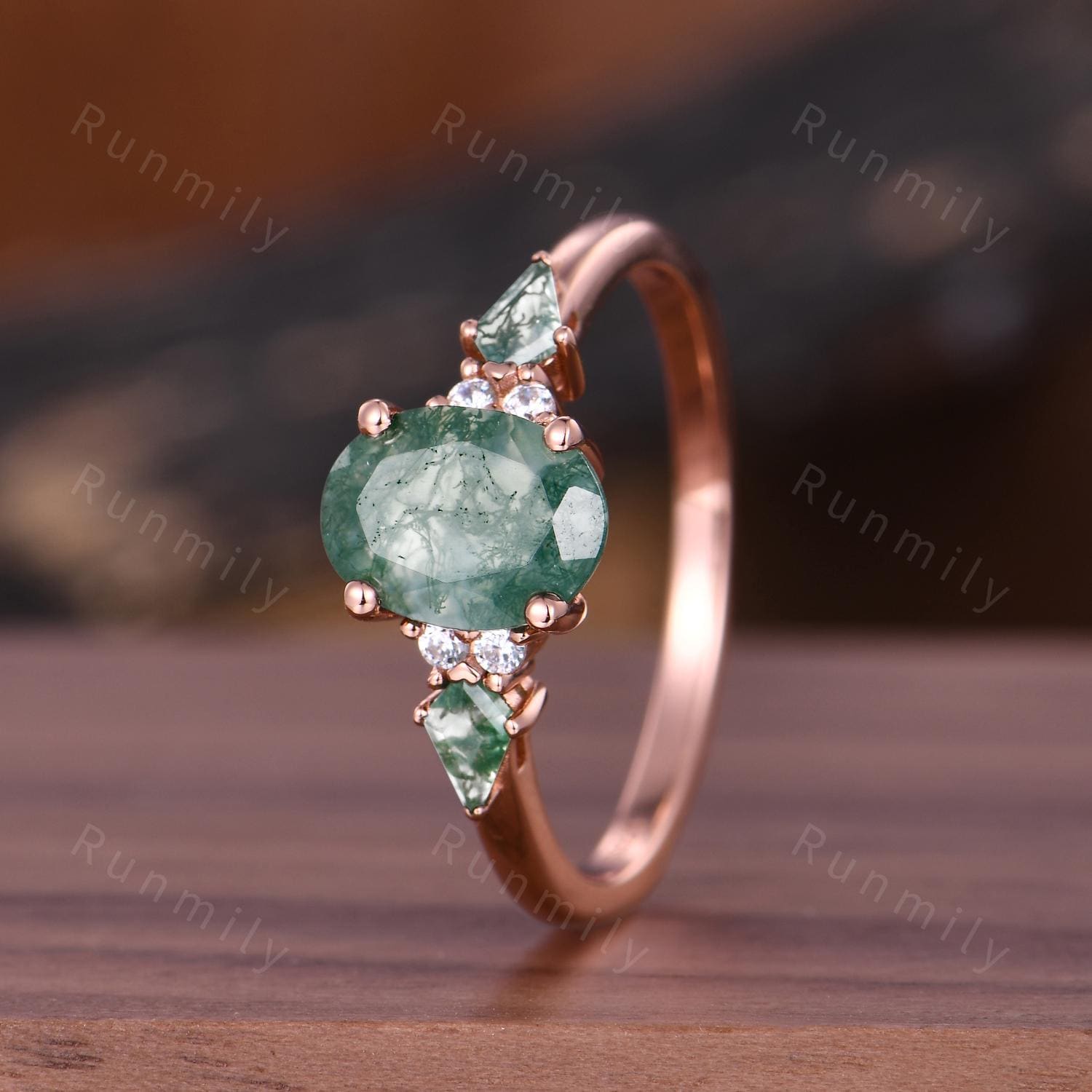 Moss Agate engagement ring Oval vintage rose gold Ring unique Cluster kite cut green Agate moissanite wedding ring Anniversary bridal ring