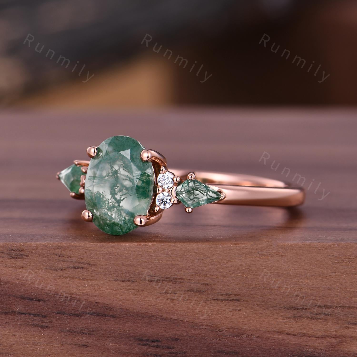 Moss Agate engagement ring Oval vintage rose gold Ring unique Cluster kite cut green Agate moissanite wedding ring Anniversary bridal ring
