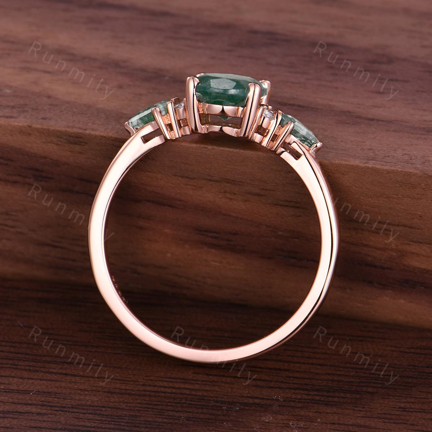Moss Agate engagement ring Oval vintage rose gold Ring unique Cluster kite cut green Agate moissanite wedding ring Anniversary bridal ring