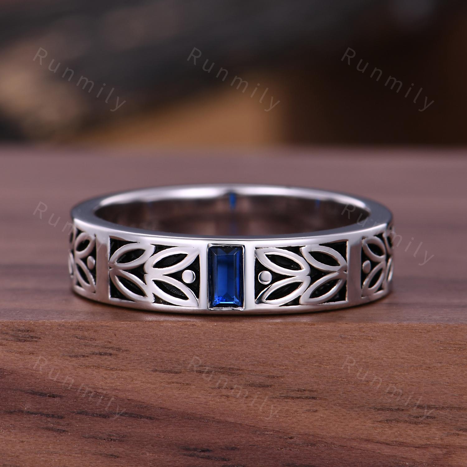 Mens Blue Sapphire Wedding Band Baguette Cut Mens Art Deco Leaf Design Wedding Band 5mm Silver Black Ring Unique His Promise Ring