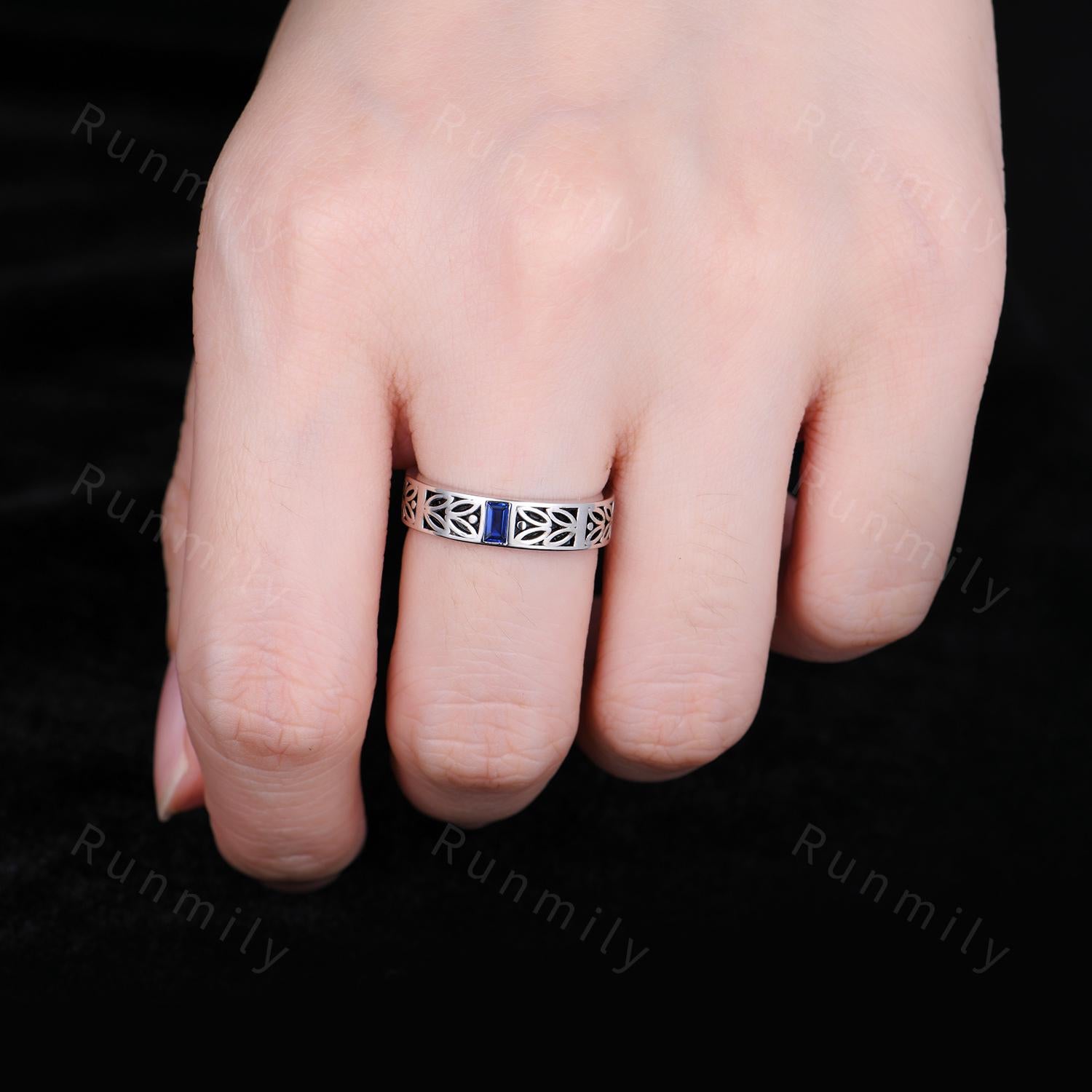 Mens Blue Sapphire Wedding Band Baguette Cut Mens Art Deco Leaf Design Wedding Band 5mm Silver Black Ring Unique His Promise Ring